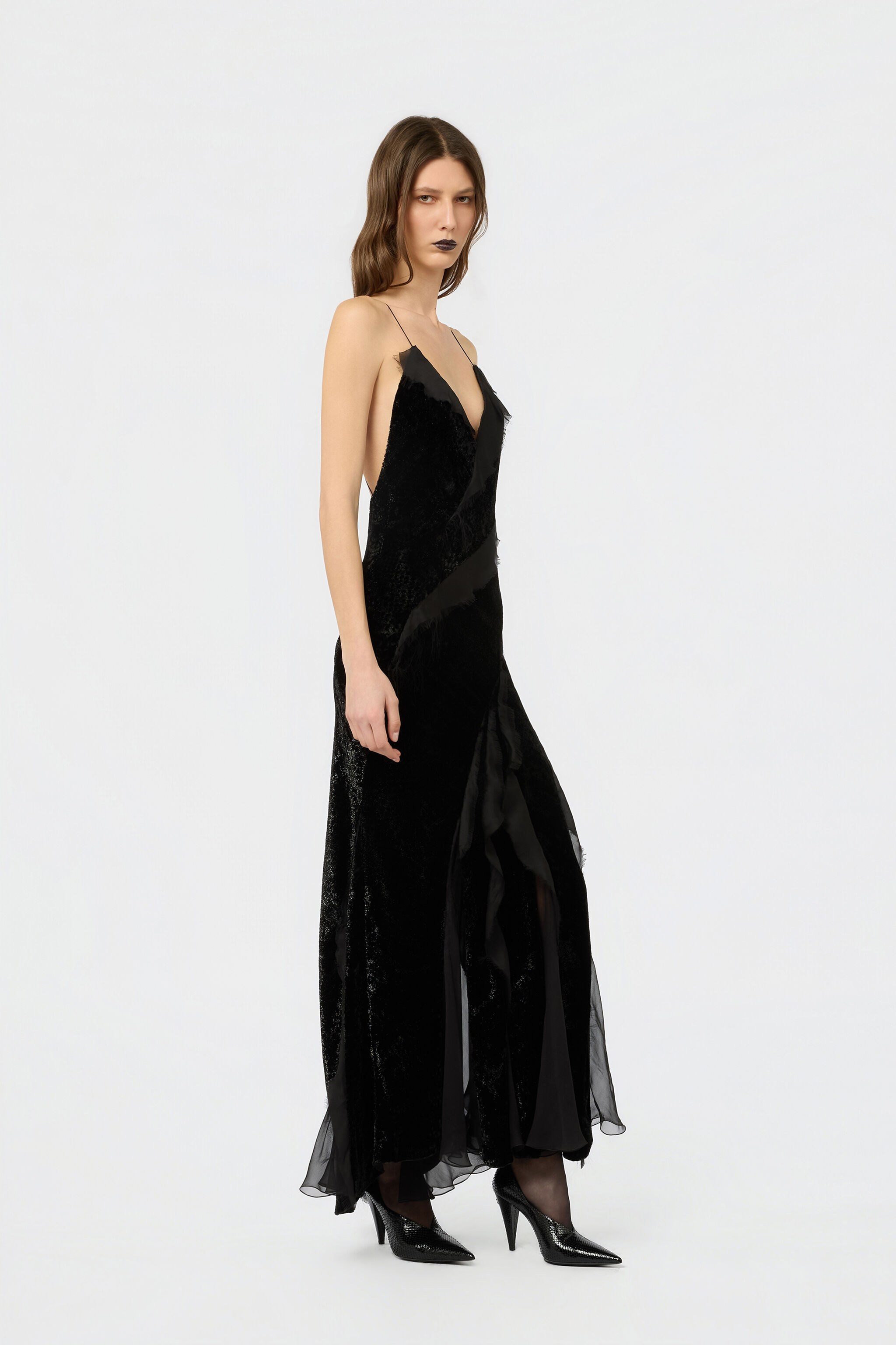RC Velvet Slip Dress with Silk Chiffon Ruffles BLACK XWT115-VL067