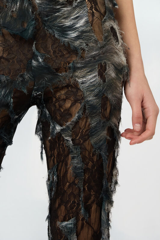 RC Pants with Fur Print on Destroyed-Effect Lace BLACK/BEIGE XWT206-7HT79