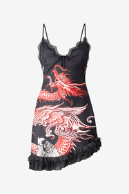 RC Silk Mini Dress With Dragon And Ruches Black/Red VQT118-OZP75