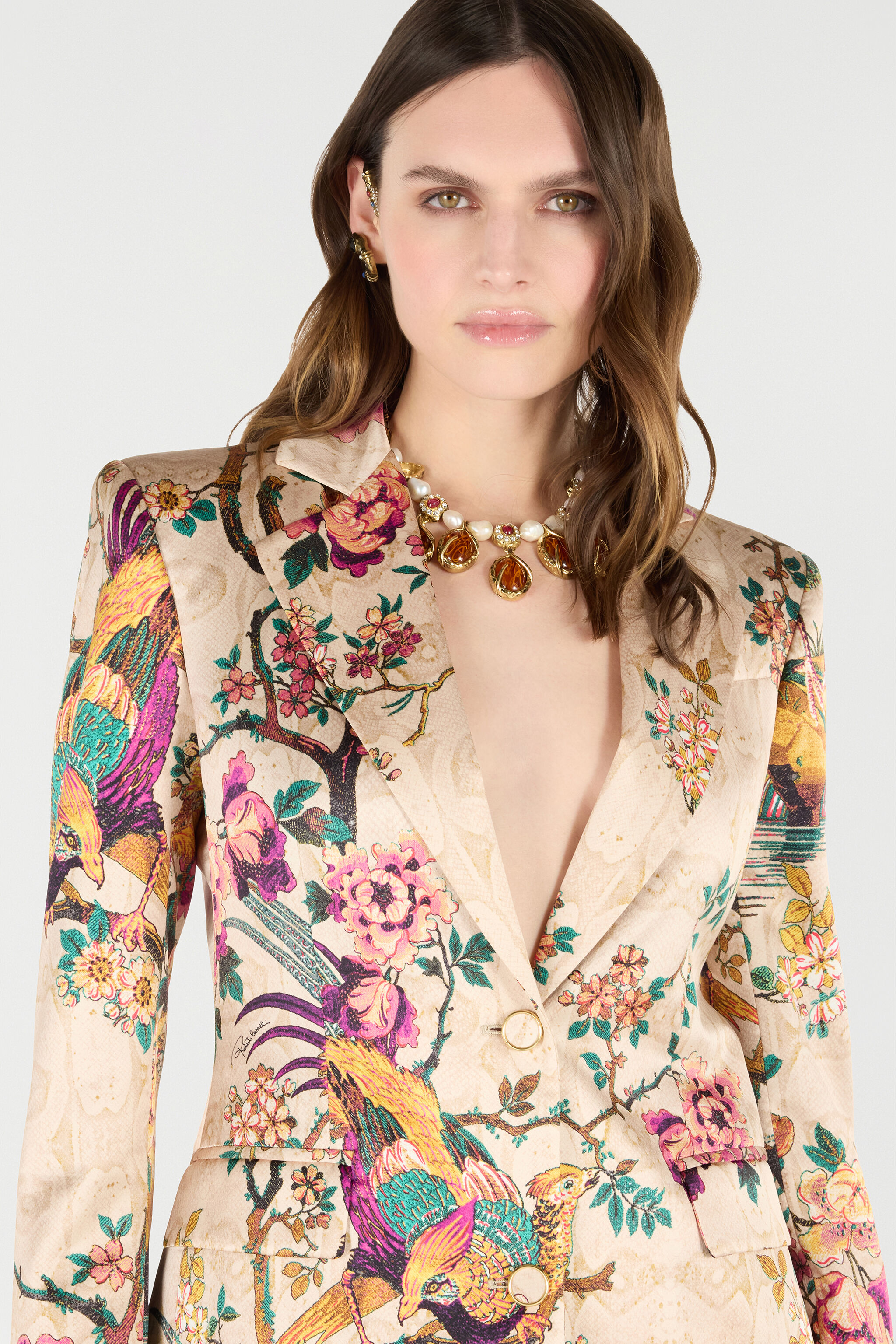 Silk Blazer With Oriental Bird Print in Ivory/Pink for Women
