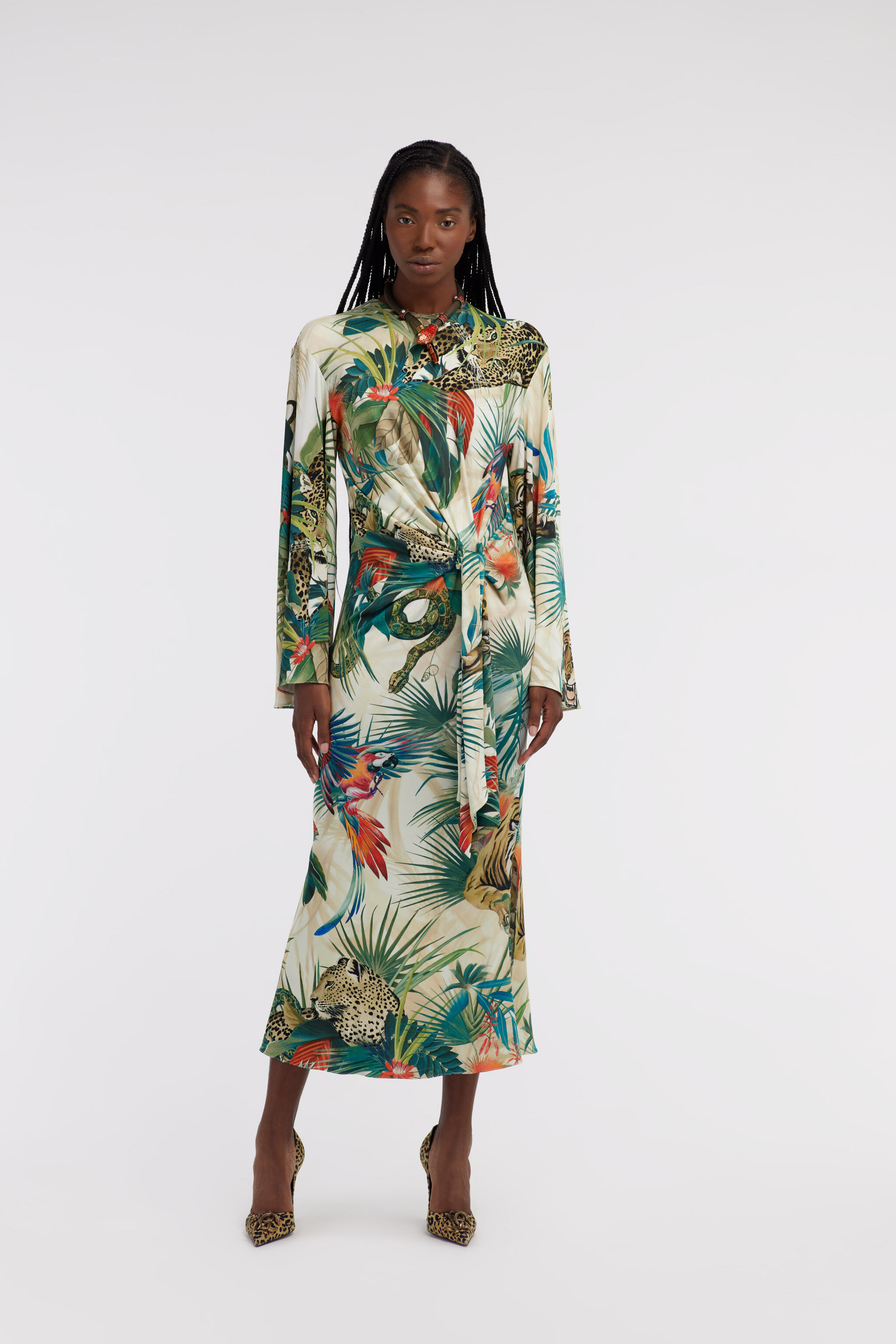 RC Vestido Midi Estampado Jungle Con Nudo En La Cintura RC Vestido Midi Estampado Jungle Con Nudo En La Cintura Verde SKT123-JRI88