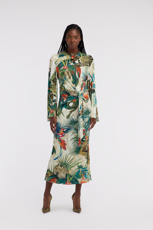 RC Vestido Midi Estampado Jungle Con Nudo En La Cintura RC Vestido Midi Estampado Jungle Con Nudo En La Cintura Verde SKT123-JRI88