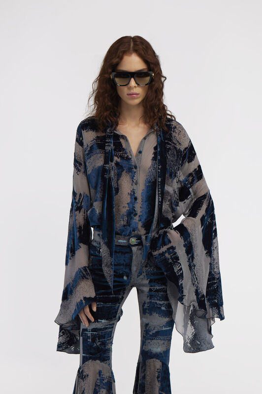 RC Blusa astratta blu navy con fiocco al collo RC Blusa astratta blu navy con fiocco al collo Blu scuro RWT701-VL041