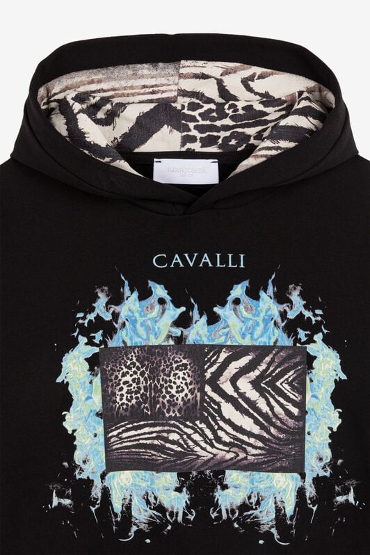JU Animalier Patchwork And Flame-Print Hoodie JU Animalier Patchwork And Flame-Print Hoodie Black PJT925-CF050