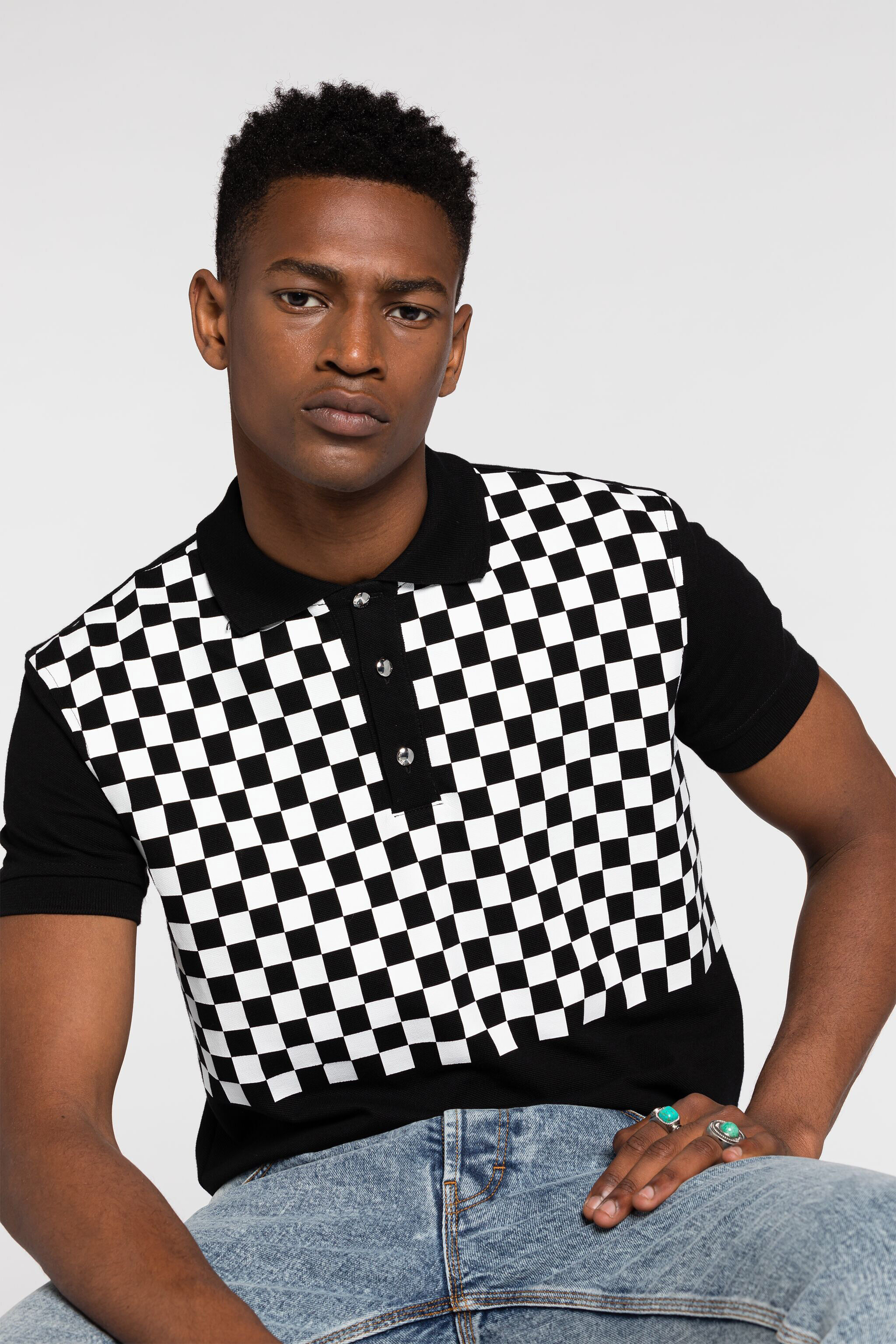 RC Checked Cotton Polo Shirt Black/White RRT64D-KB002