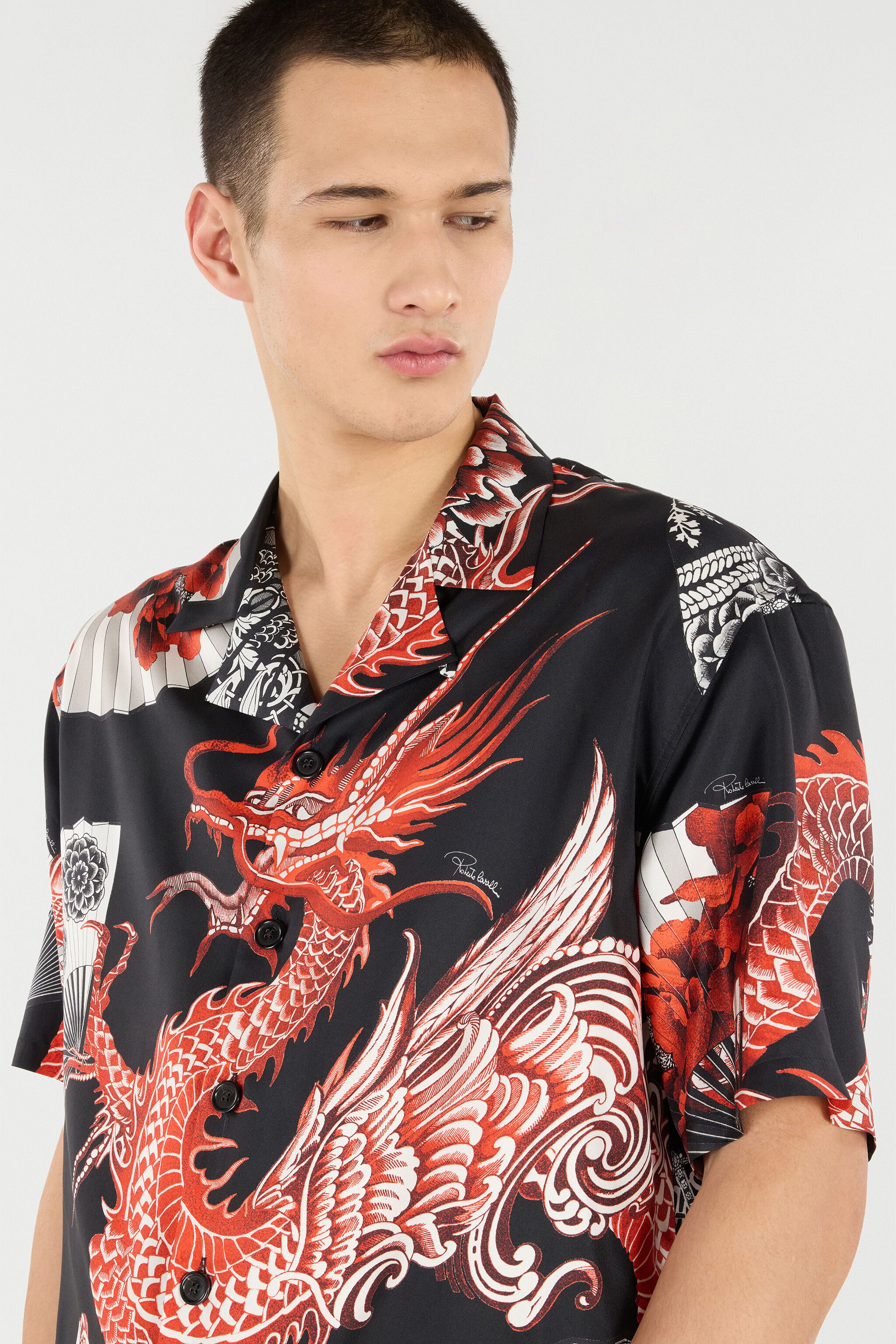 RC Bowling Shirt in Printed Silk Schwarz/Rot VNT762-OZP75