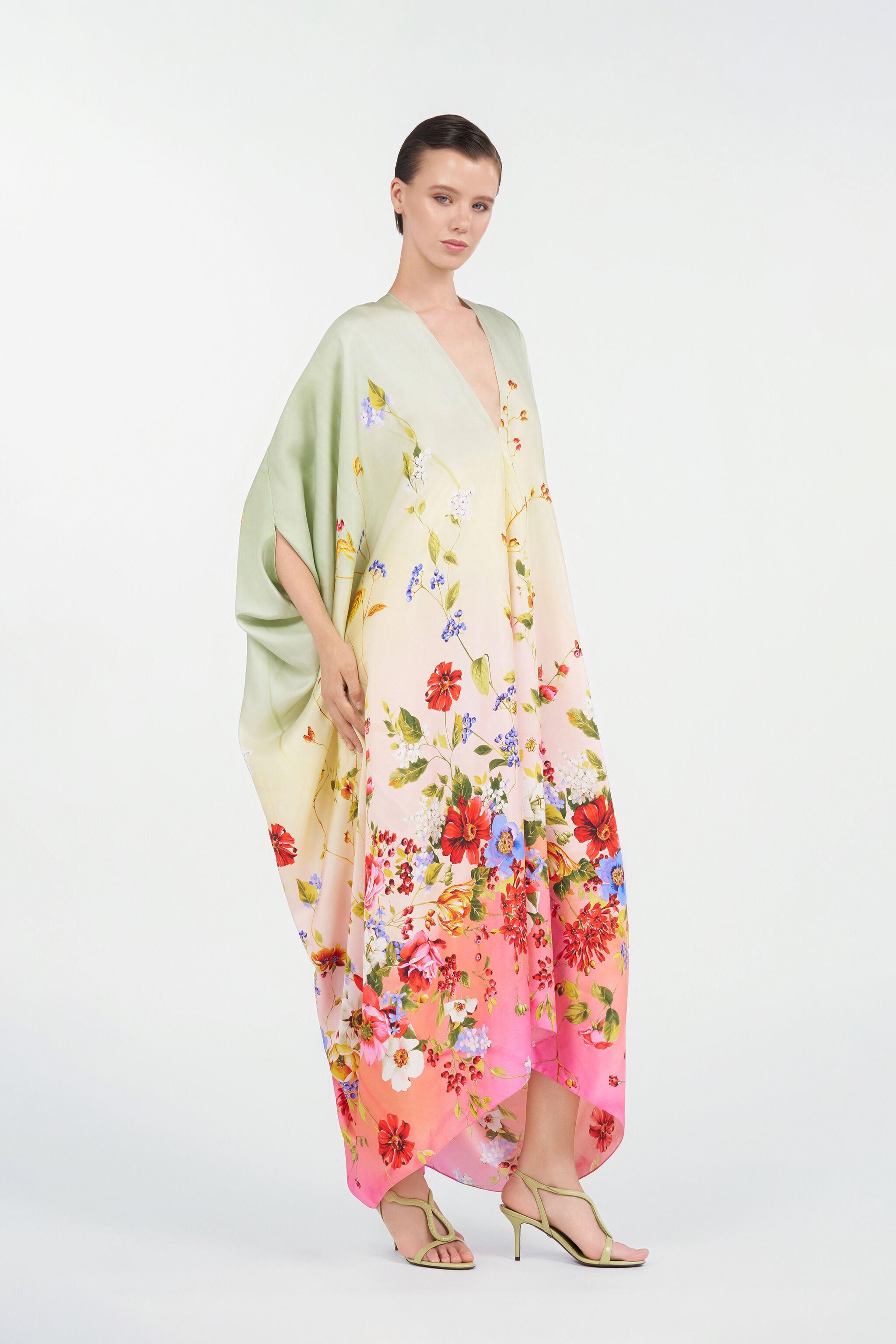 RC Kaftano in Seta con Stampa Miami Flowers GREEN/FUCHSIA WQT182-OZR32