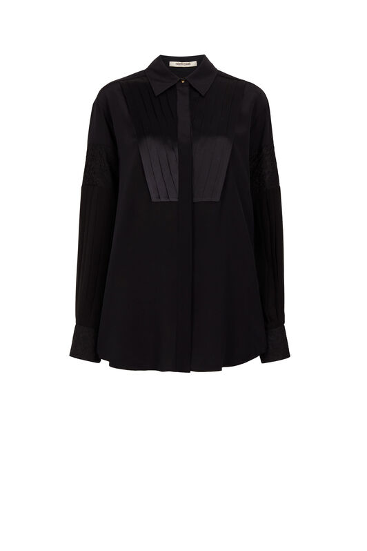 RC Pleated Lace-Insert Silk Shirt Black JQT706-FY052