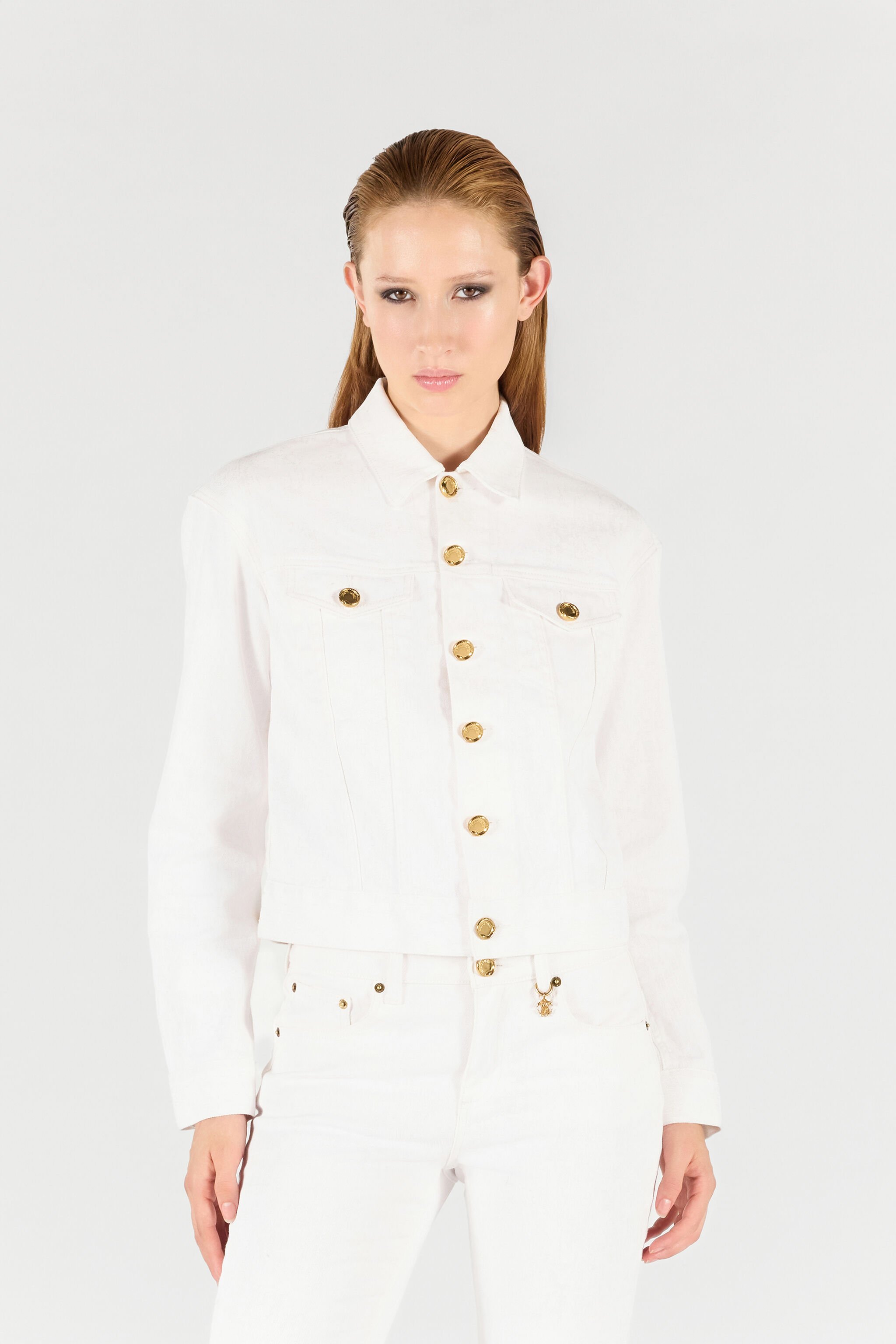 RC Denimjacke mit goldenen Knöpfen Weiß UWJ425-DE007