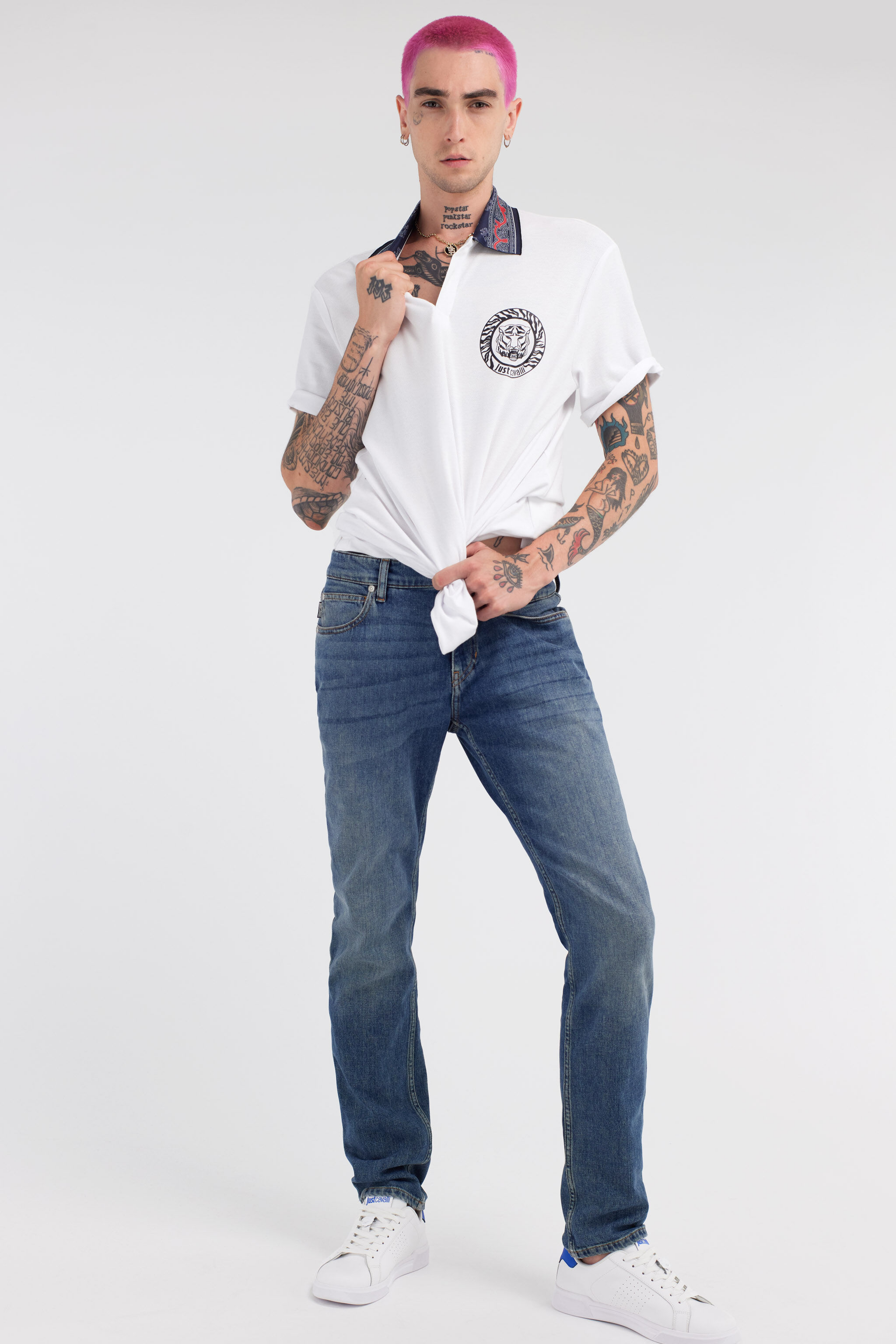 JC Just Cavalli Tiger Logo Polo Shirt White RRT899-RR161