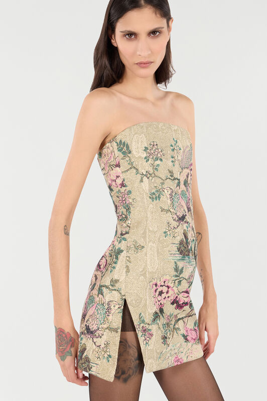 RC Mini Dress with Floral and Pheasant Motif Ivory/Pink VKT136-DJ084