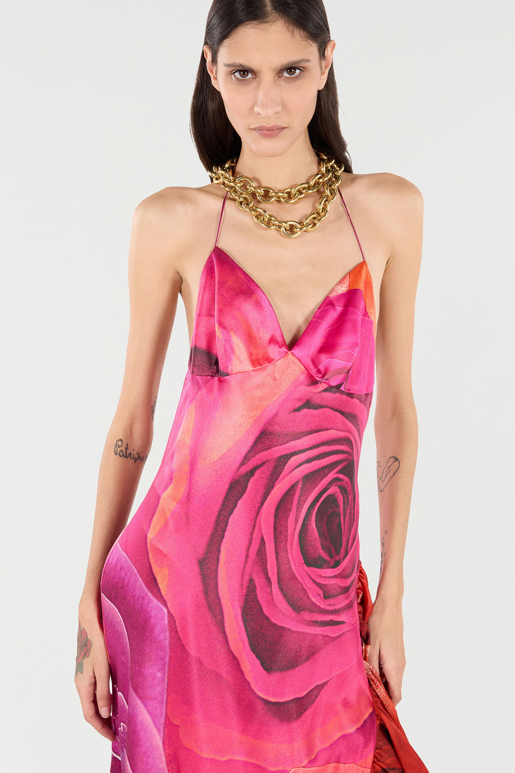 RC Dress With Rose Print And Flounces ROSA/ROSSO UKT107-RYN48