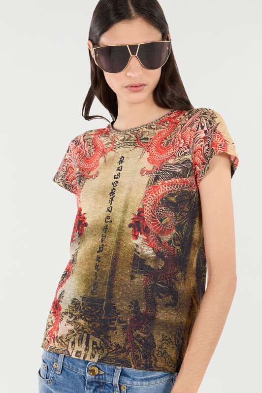 RC Cotton T-Shirt with Oriental Print RC Cotton T-Shirt with Oriental Print NATURALE/ROSSO VQT61C-3DQ00