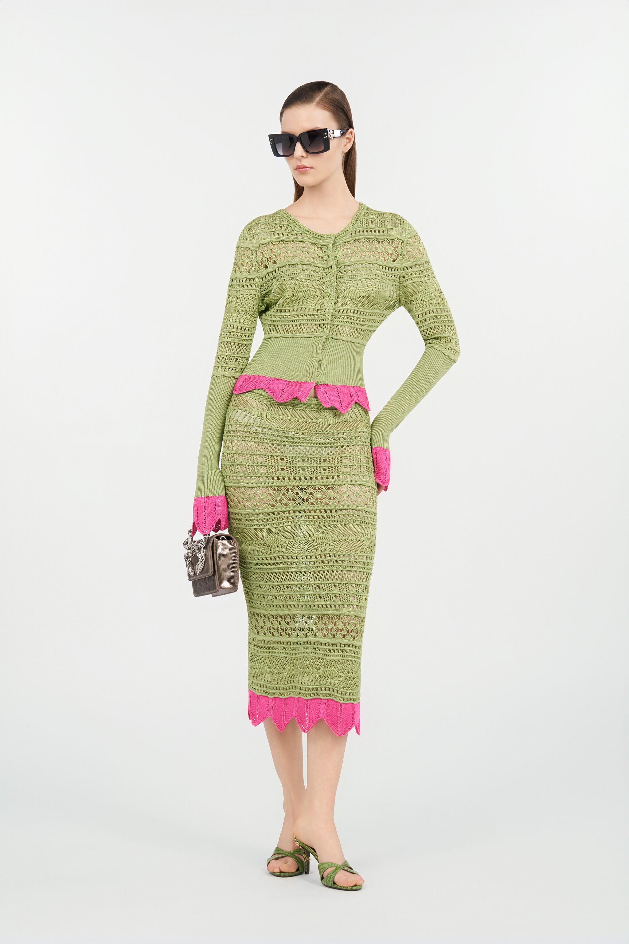 Midi Knit Skirt with Contrast Detail in LIGHT GREEN for Women