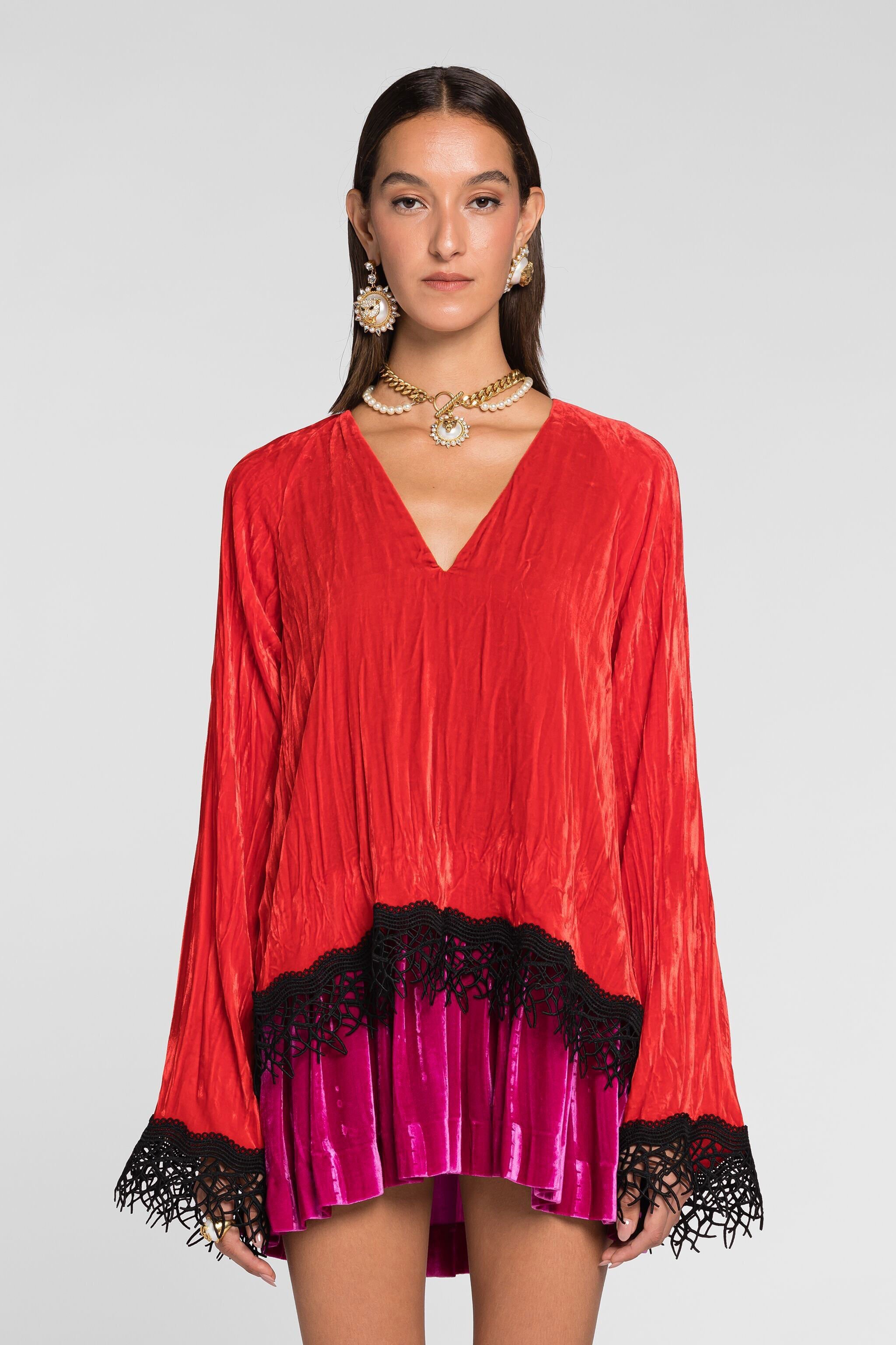 RC Lace-detailed velvet dress Red QKT124-VL067