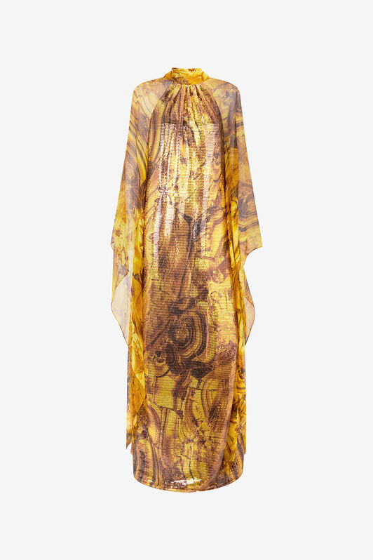 RC Silk Caftan Dress with Amber Print and Sequins Yellow VKT145-VXP74
