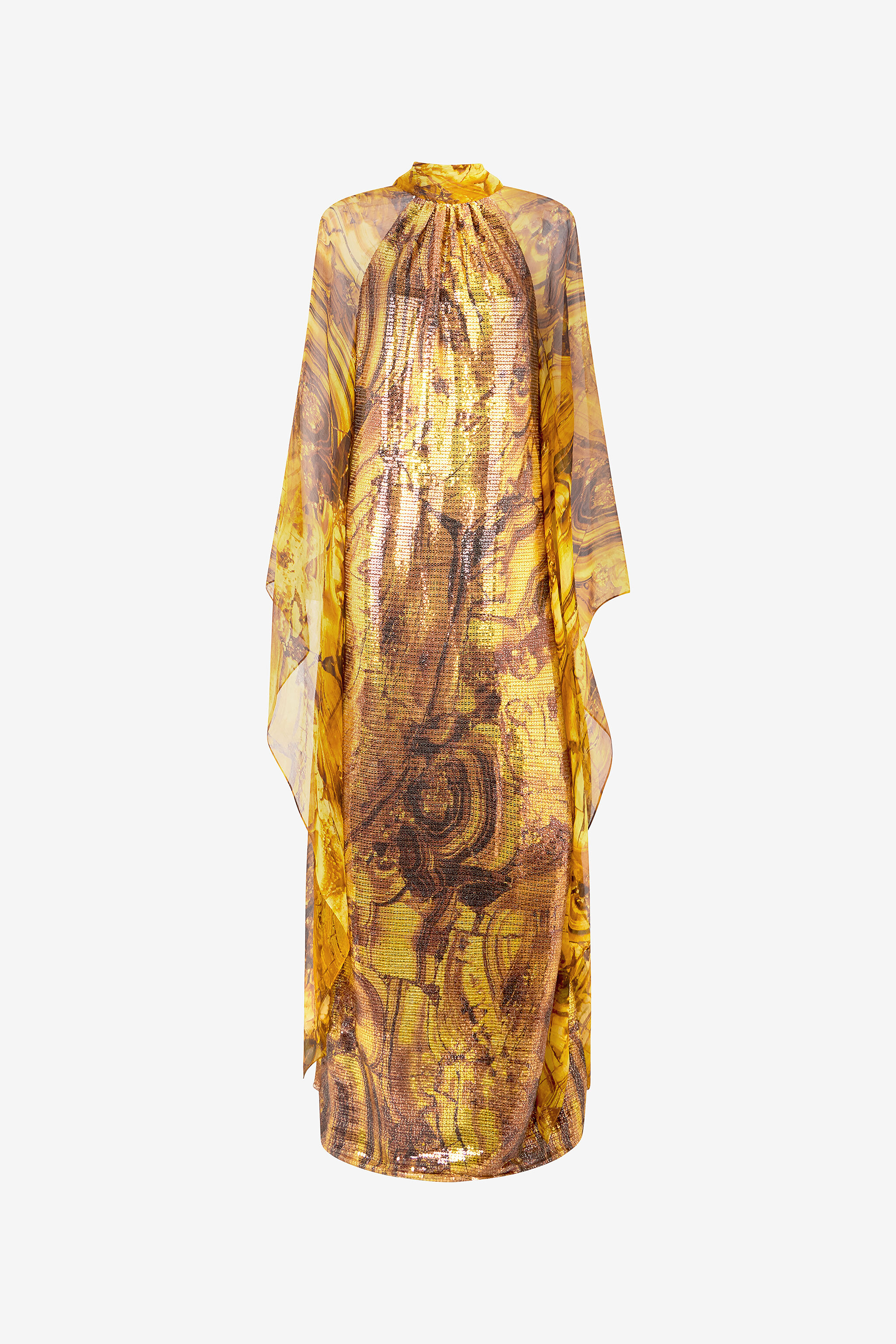RC Silk Caftan Dress with Amber Print and Sequins Yellow VKT145-VXP74