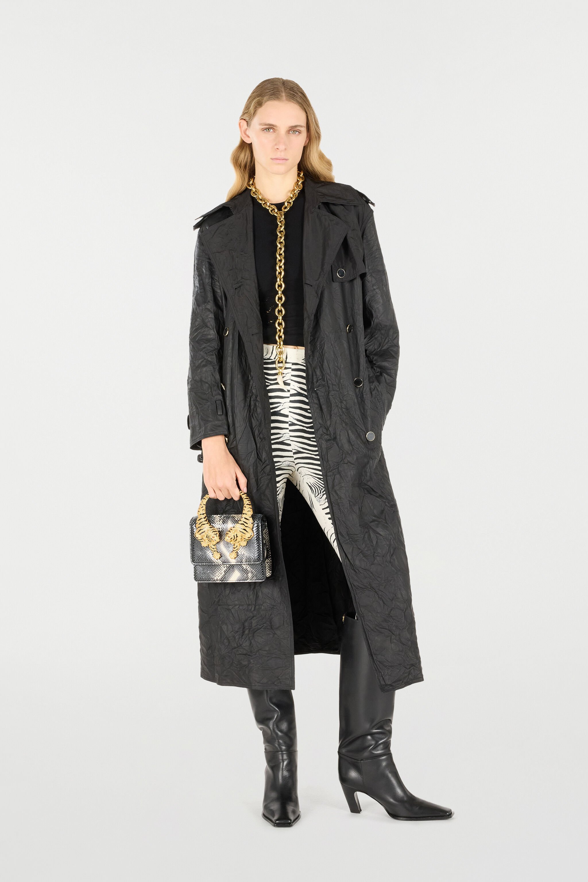 RC Long Crinkle-Effect Trench Coat Black UKP505-PN082