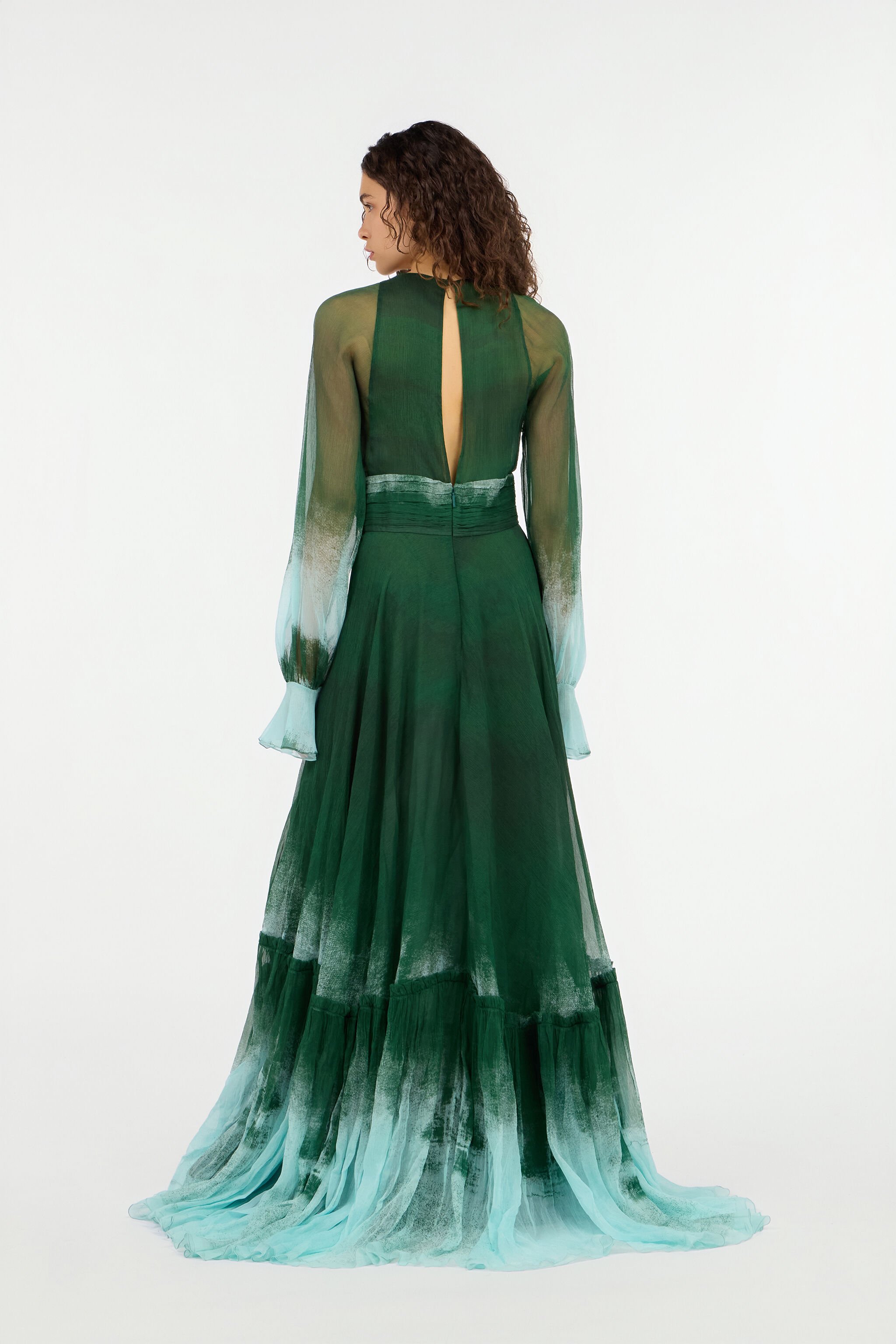 RC Long Empire-Style Pure Silk Dress VERDE/PISCINA VKT152-CKP69