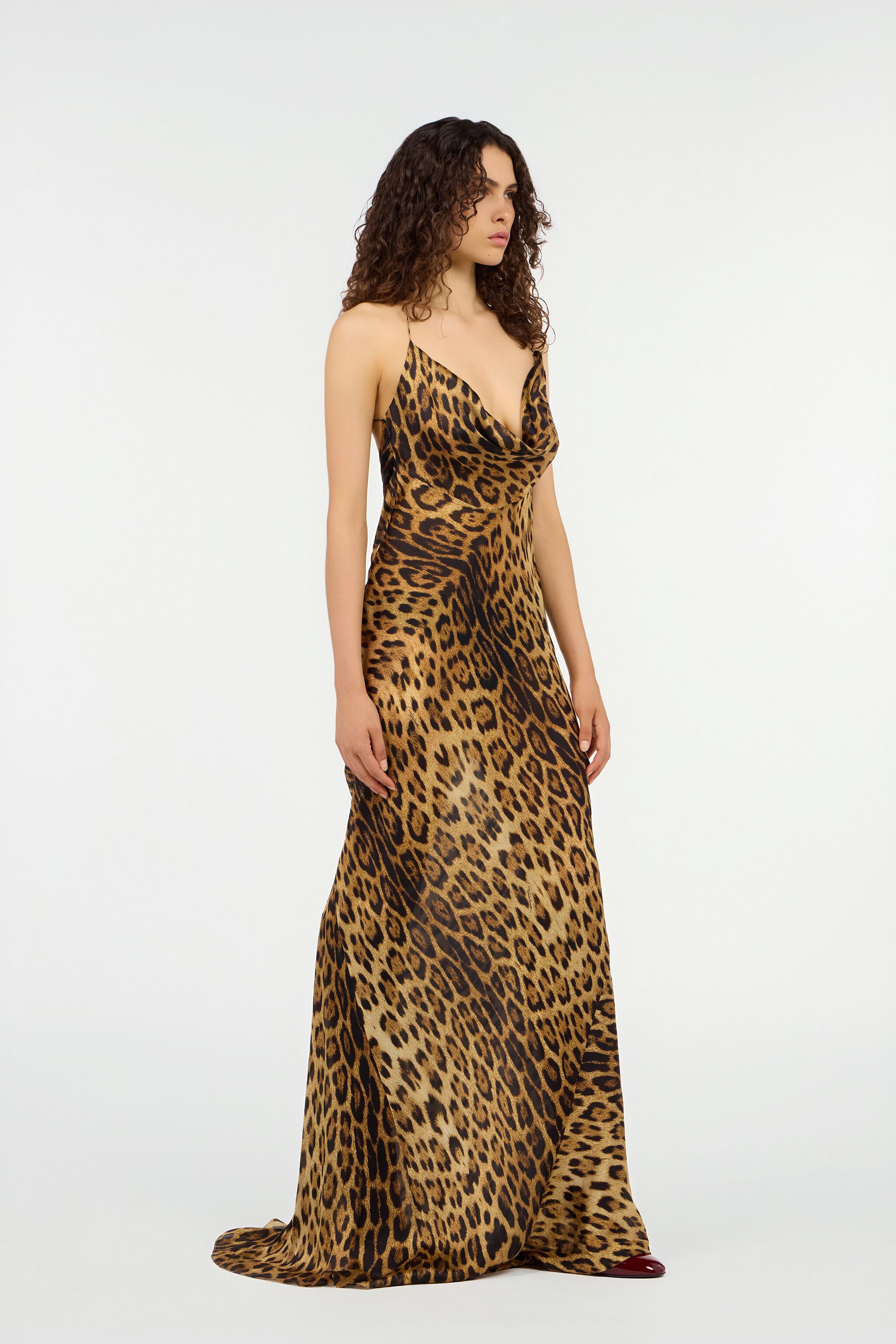 RC Long Silk Dress With Jaguar Skin Print Brown VWT103-HZQ71