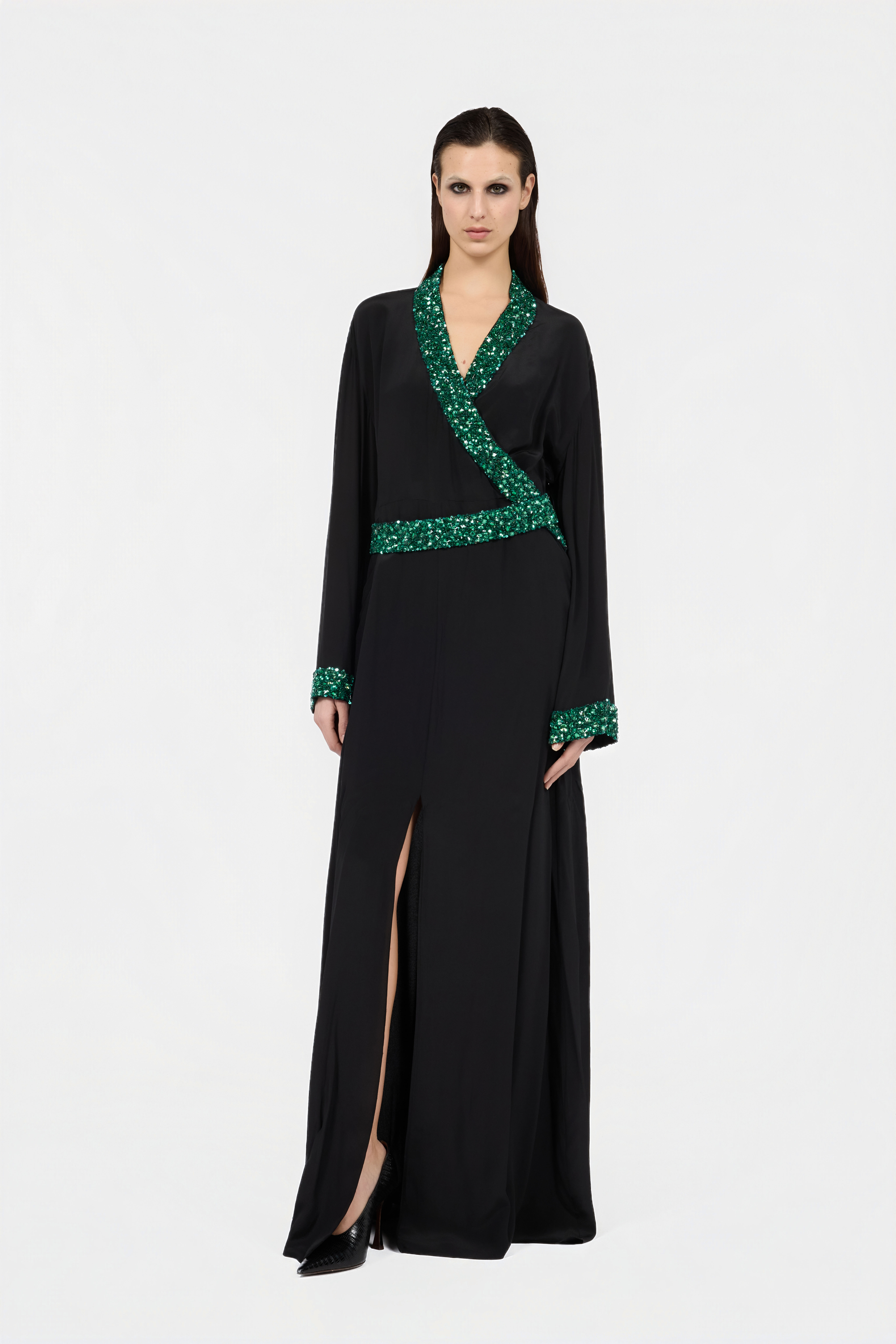 RC Seiden-Maxikleid mit verziertem Detail NERO/VERDE VWR197-SY001