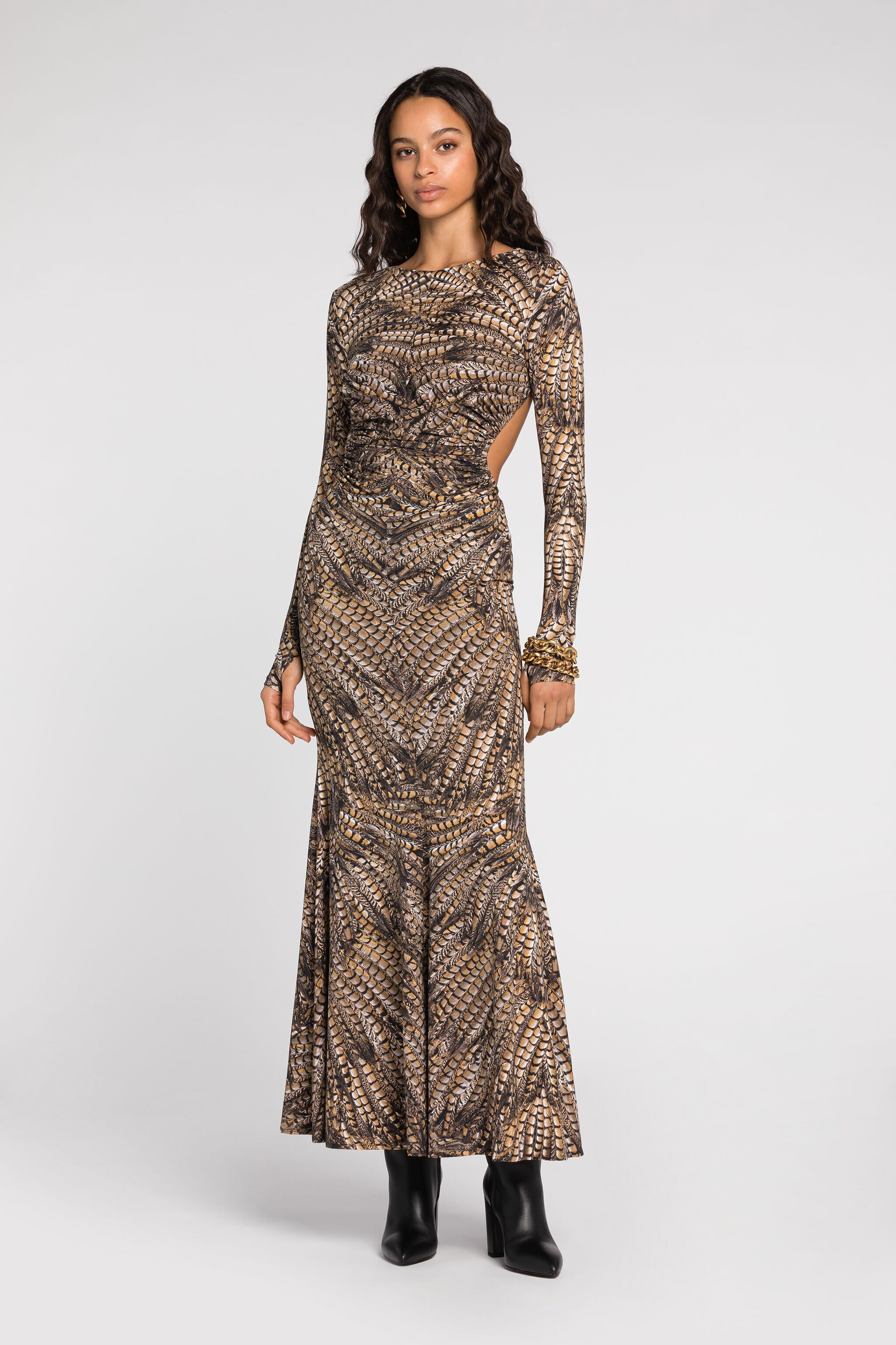 RC Robe longue à imprimé plumes Marron clair QKT102-LNF52