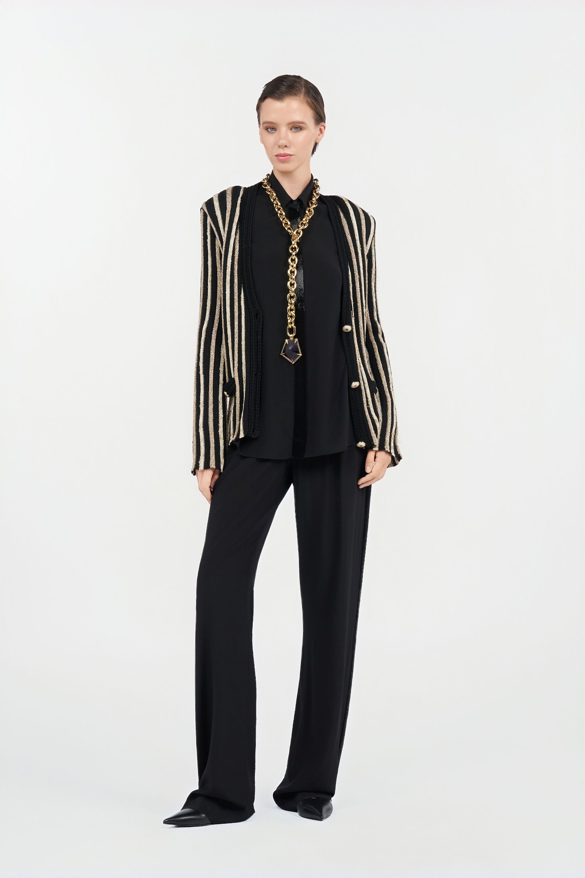 RC Cardigan with Laminated Stripes RC Cardigan with Laminated Stripes BLACK/GOLD WKM906-MO010