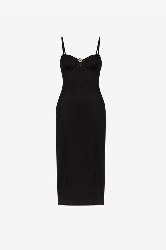 RC Brooch-detail midi dress Black QWT102-JU003