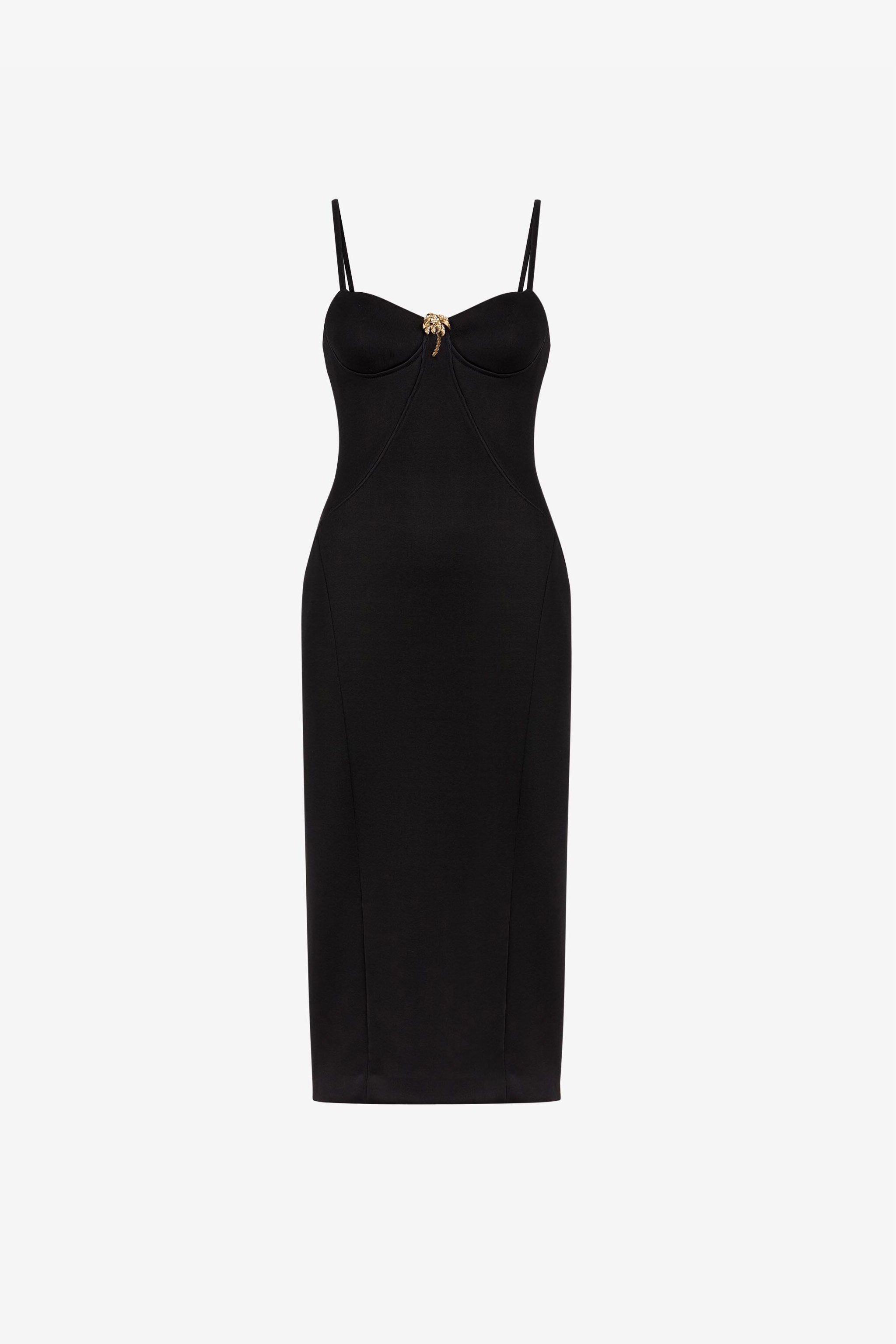 RC Brooch-detail midi dress Black QWT102-JU003