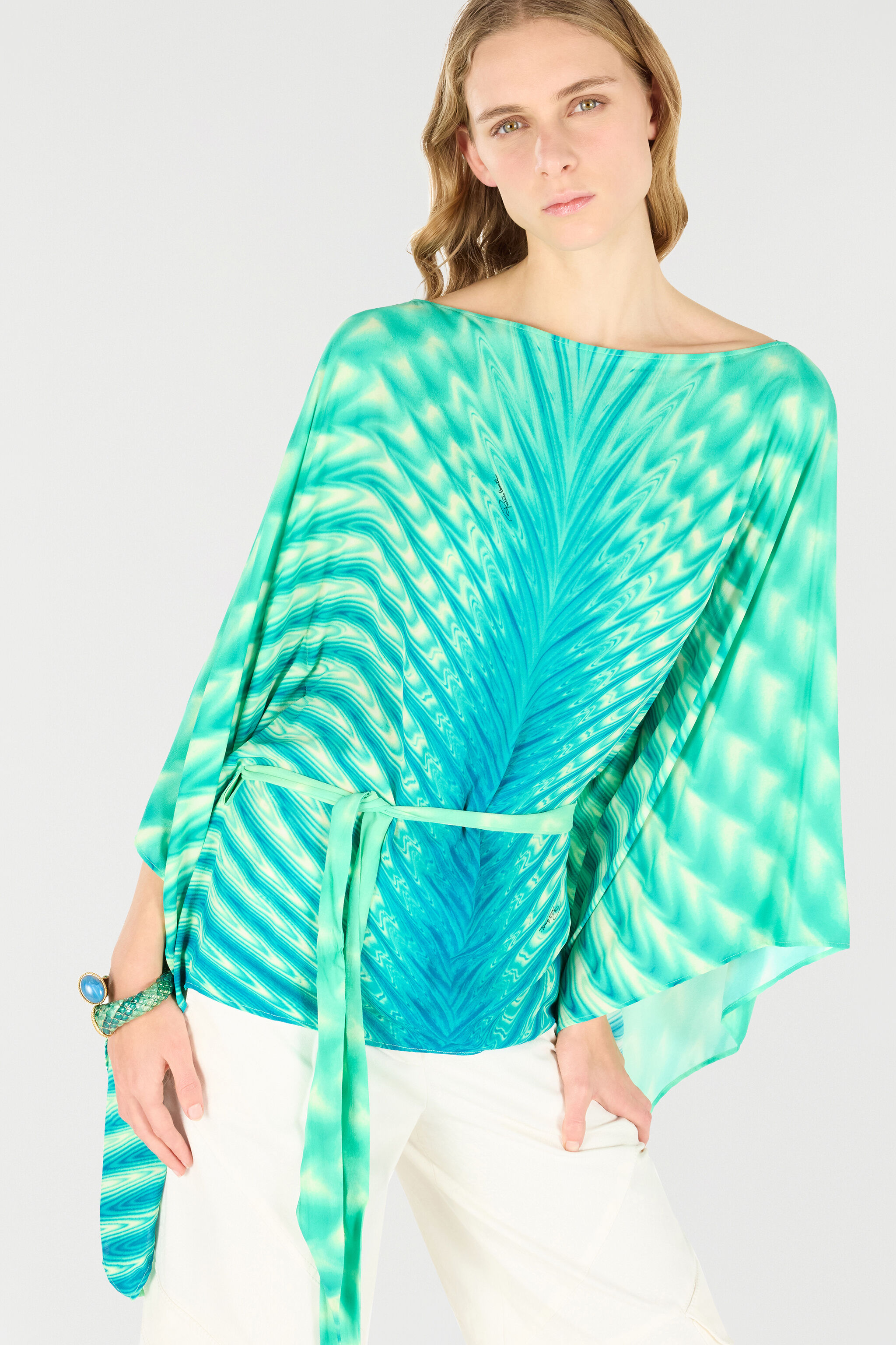 RC Kaftan mit Gürtel und Print Allover Hellgrün UKT725-KWN47