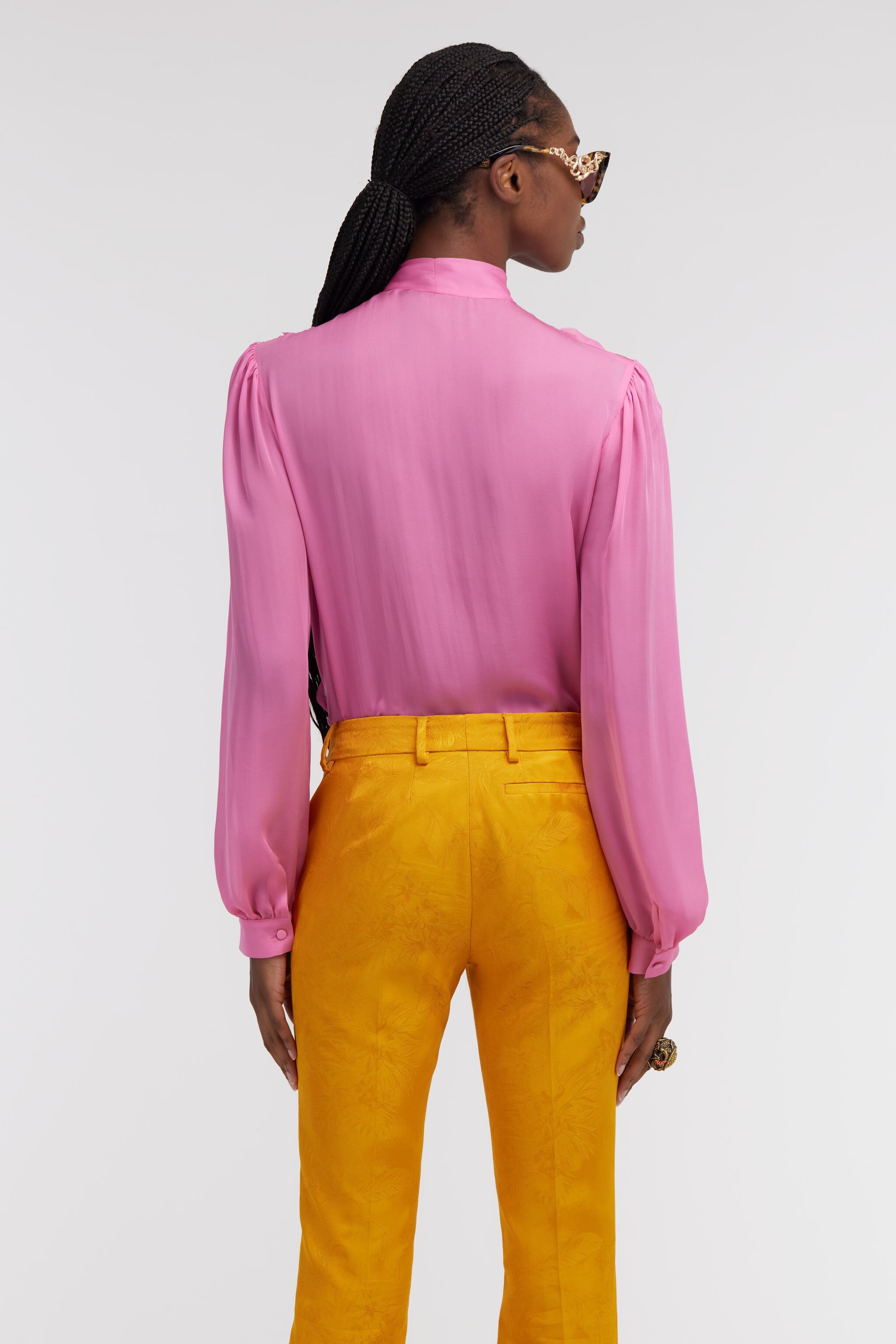 RC Pink Silk Shirt With Ruffles And Pussy Bow Fuchsia SKT706-CC001