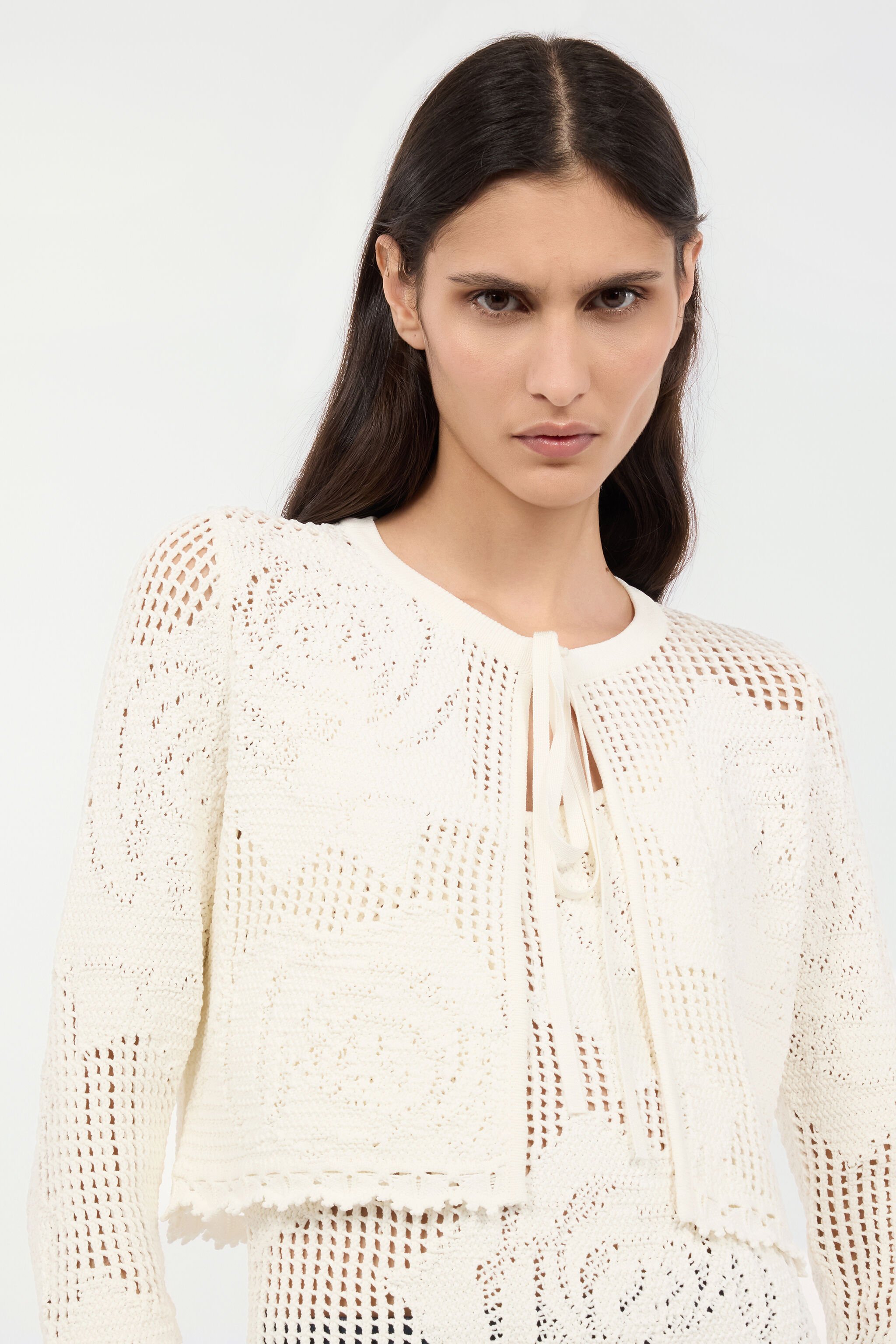 RC Durchbrochener Cropped Cardigan Mit Rosen Elfenbein UKM903-MI001