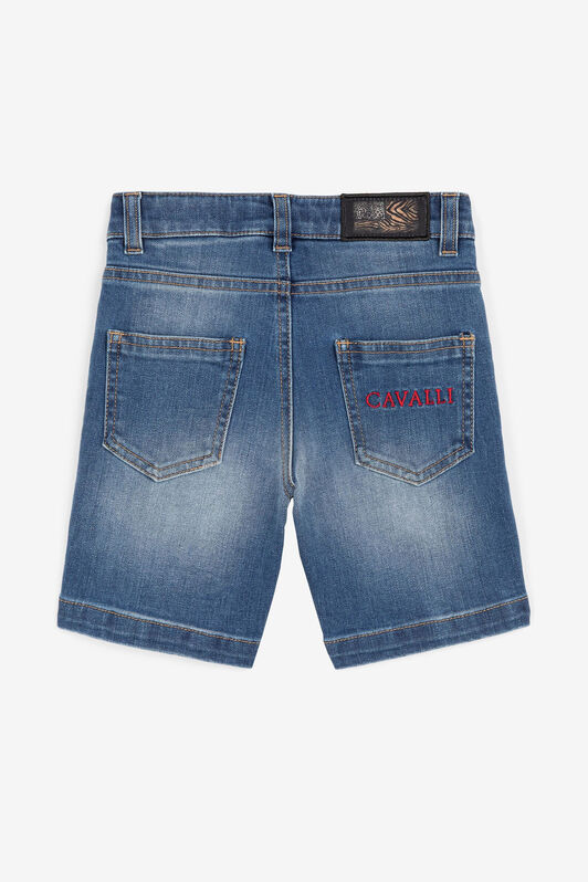 JU Animalier Patchwork-Print Appliqué Denim Shorts JU Animalier Patchwork-Print Appliqué Denim Shorts MEDIUM BLUE OJJ216-DS015