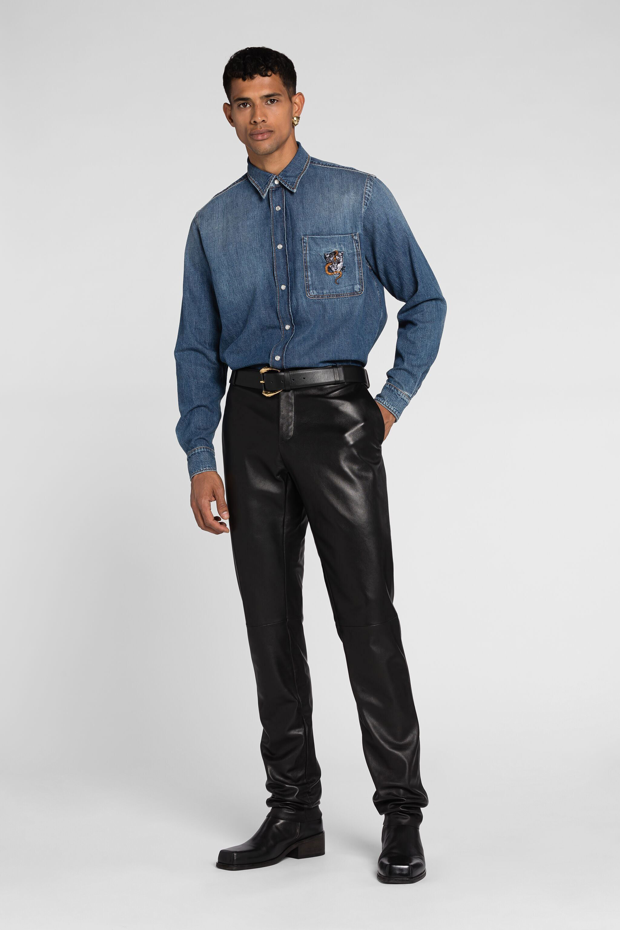 RC Serpentine Jaguar-Embroidered Denim Shirt Dark blue PRJ766-DL001