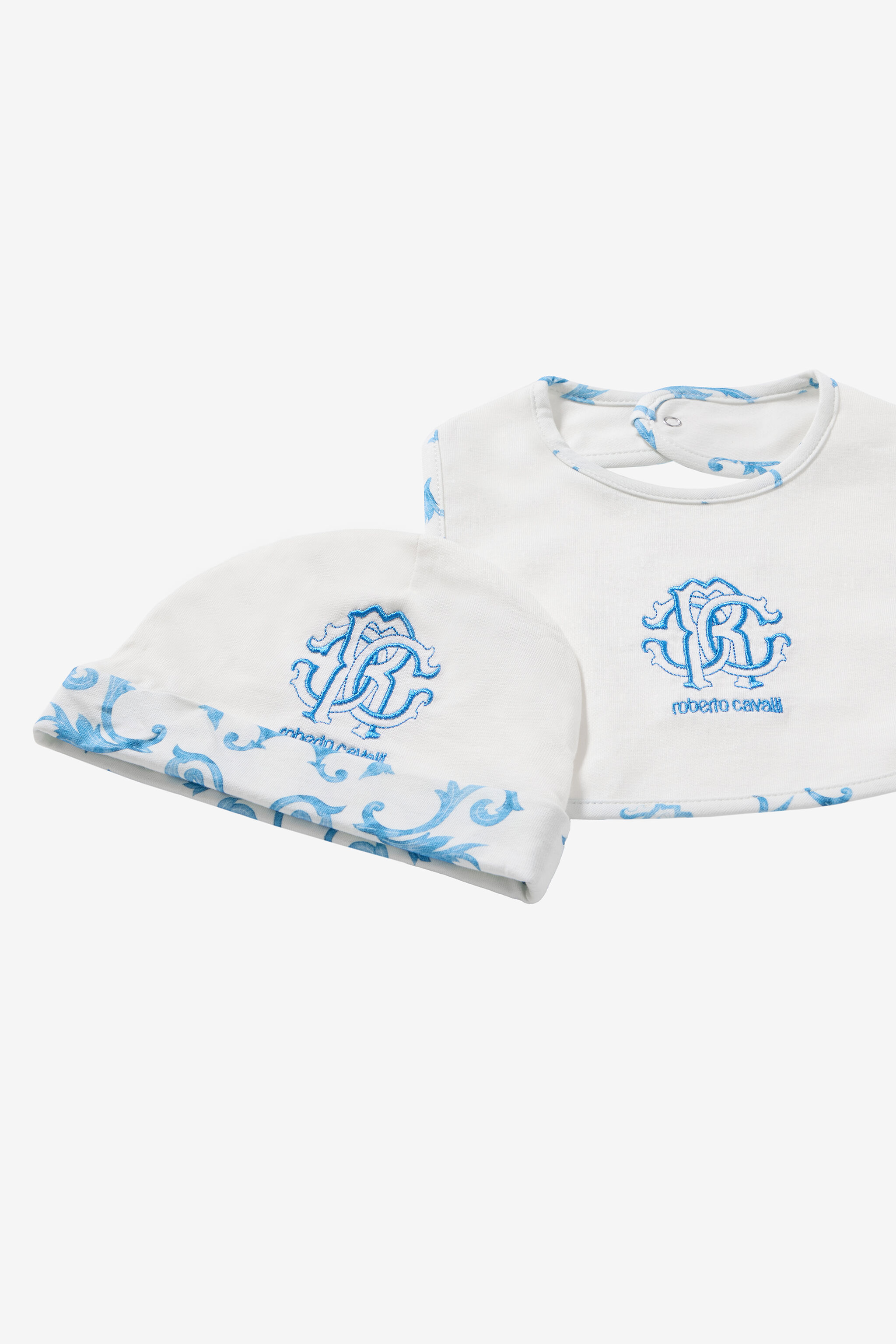JU Hat, Bib And Romper Suit Set With RC Monogram And Print Light blue UJT827-JD001