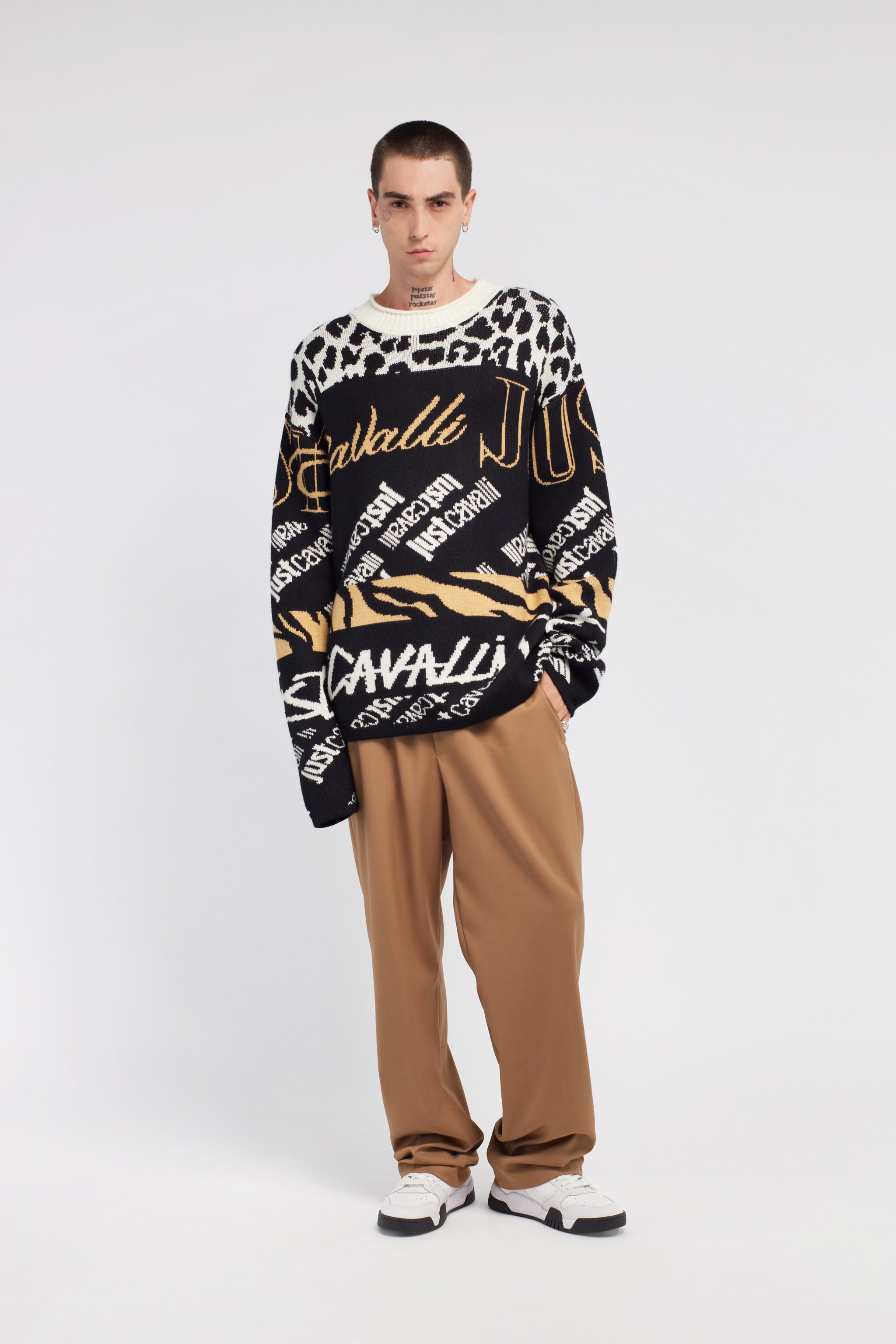 JC Just Cavalli Logo Jacquard Pullover Schwarz/Weiß RRM659-RR153