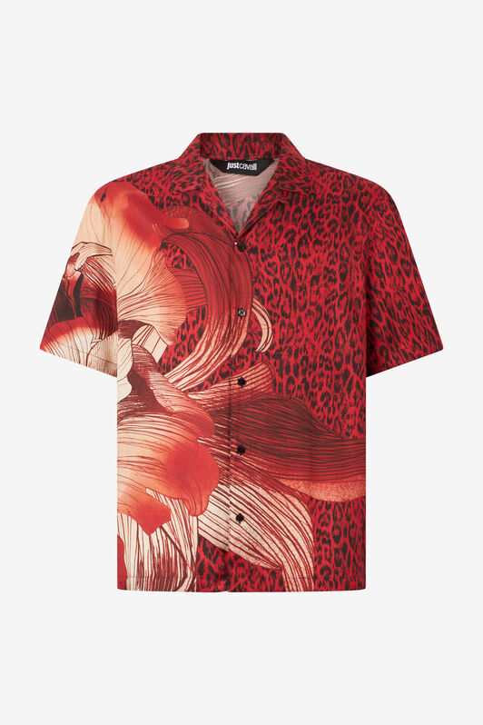 JC Camisa Con Estampado A Flores Grandes Y Jaguar Skin Rojo UFM012-UF107