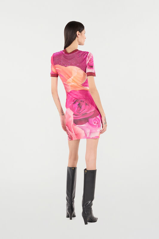 RC Short Rose-Print Dress With Glittery Trims Fuchsia UKT12A-6HN48
