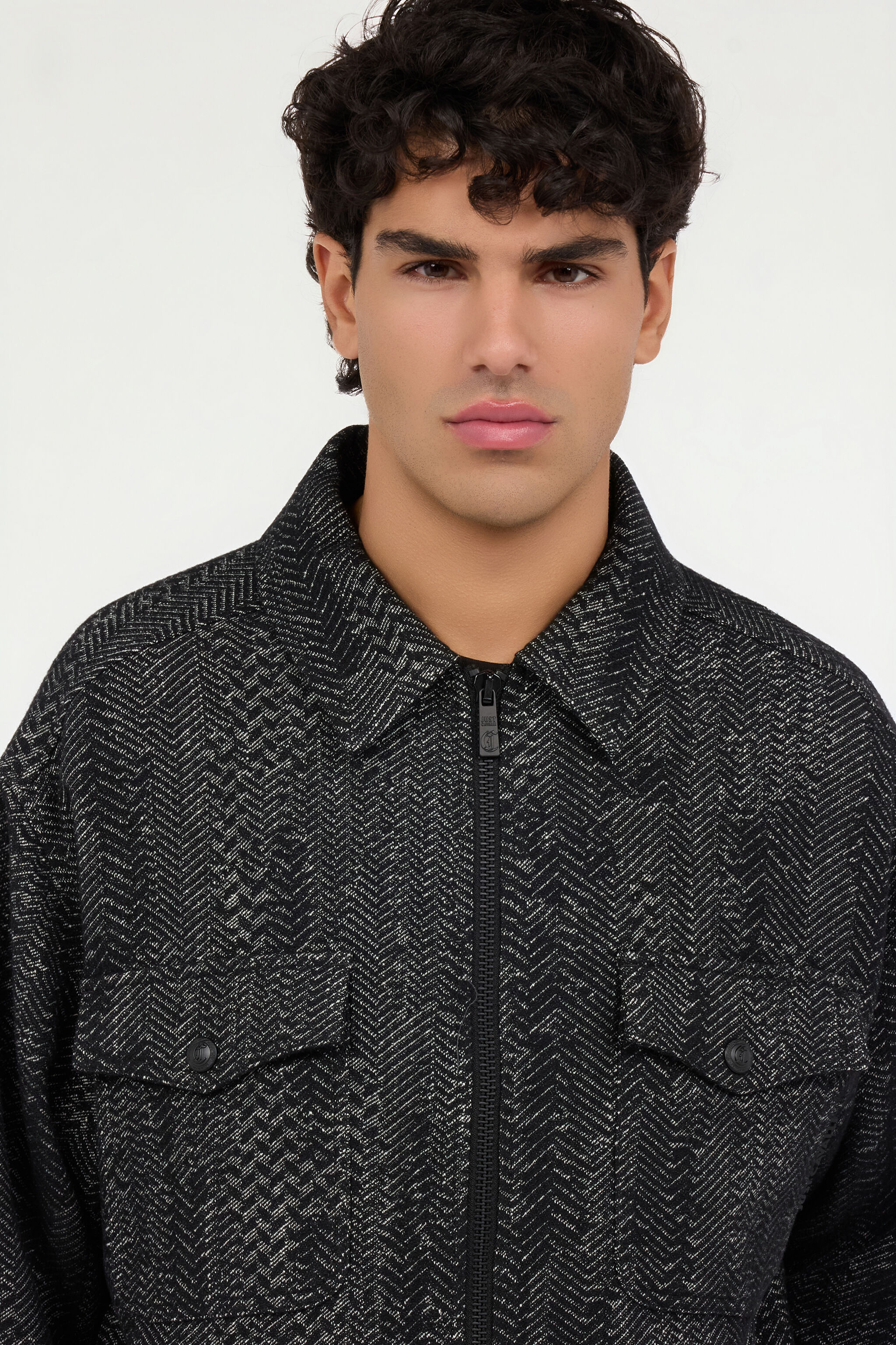 Cotton and Wool Zip Overshirt in BLACK for Men | Roberto Cavalli®