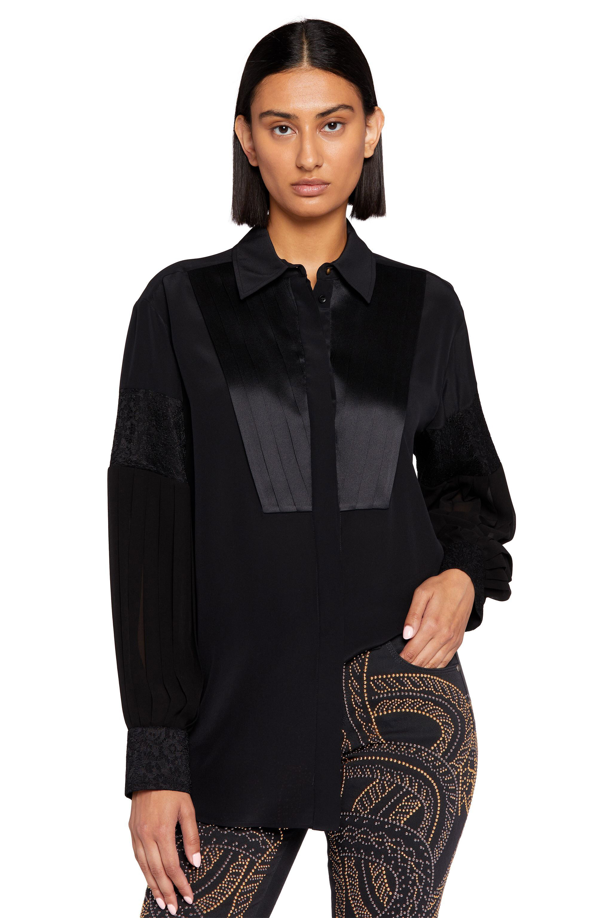 RC Pleated Lace-Insert Silk Shirt Black JQT706-FY052
