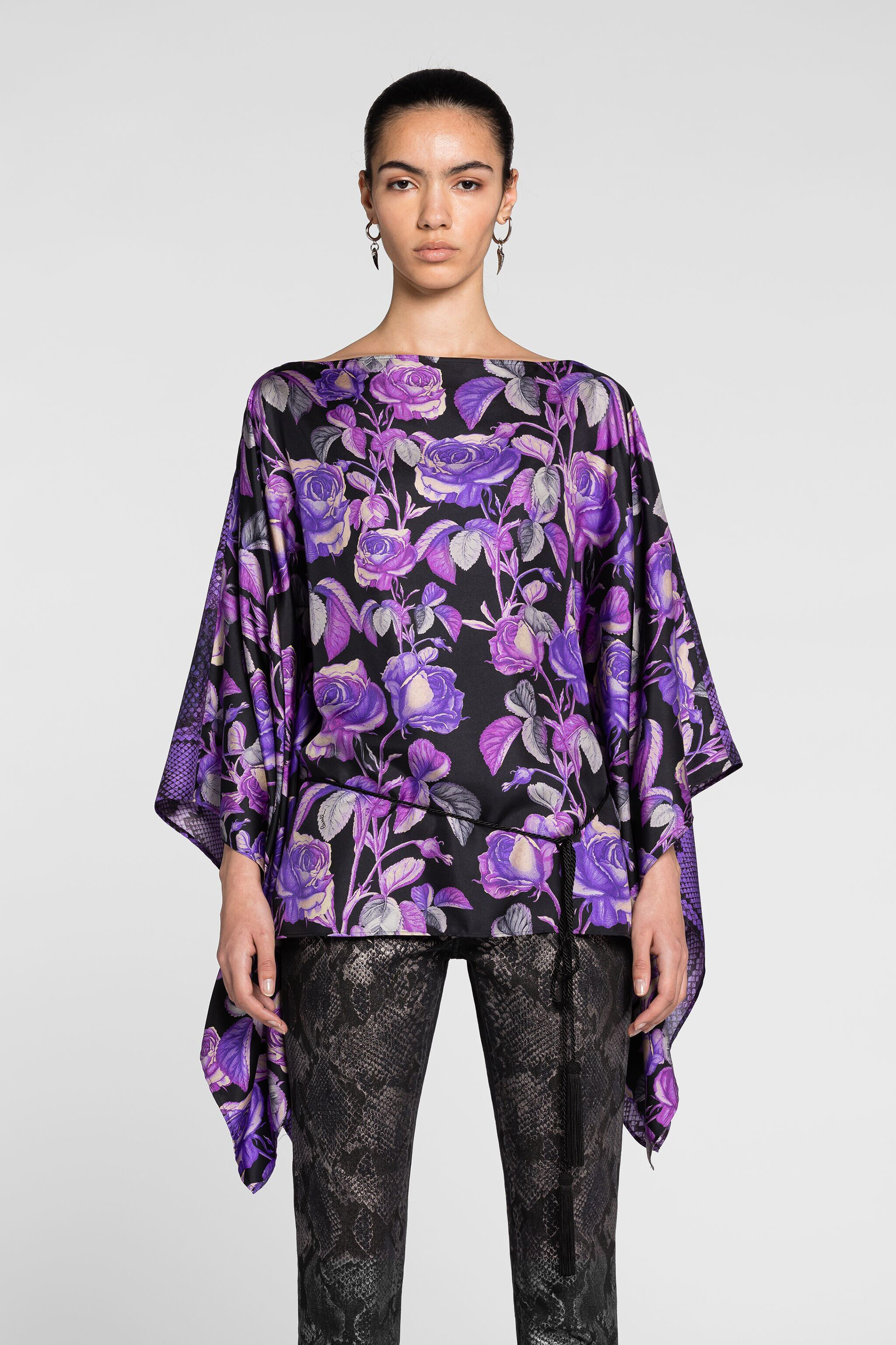 RC Top kaftano in seta con stampa Rose Viola PQT725-4QF03