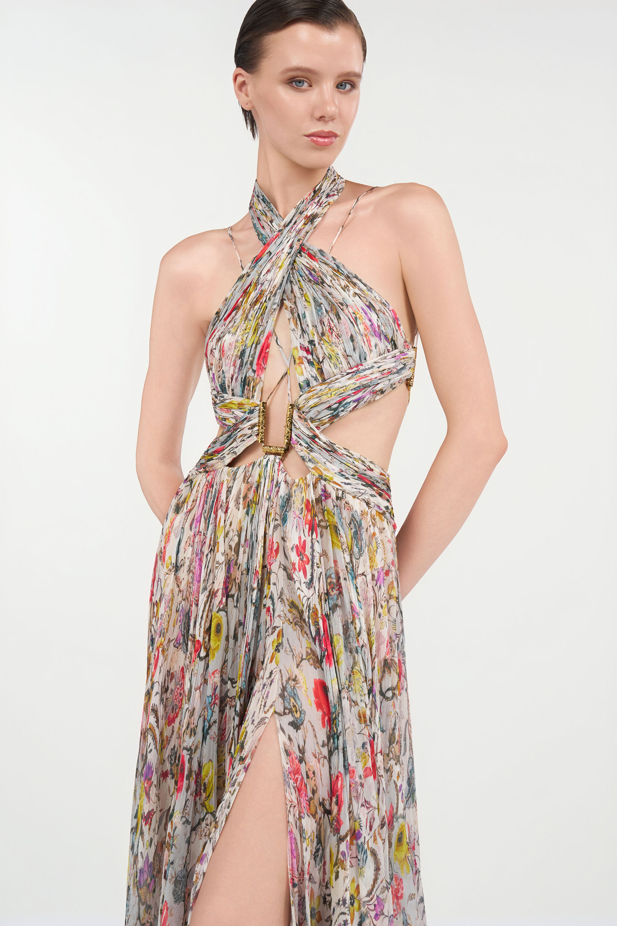 Long Chiffon Dress with Florentine Flowers Print in BEIGE for