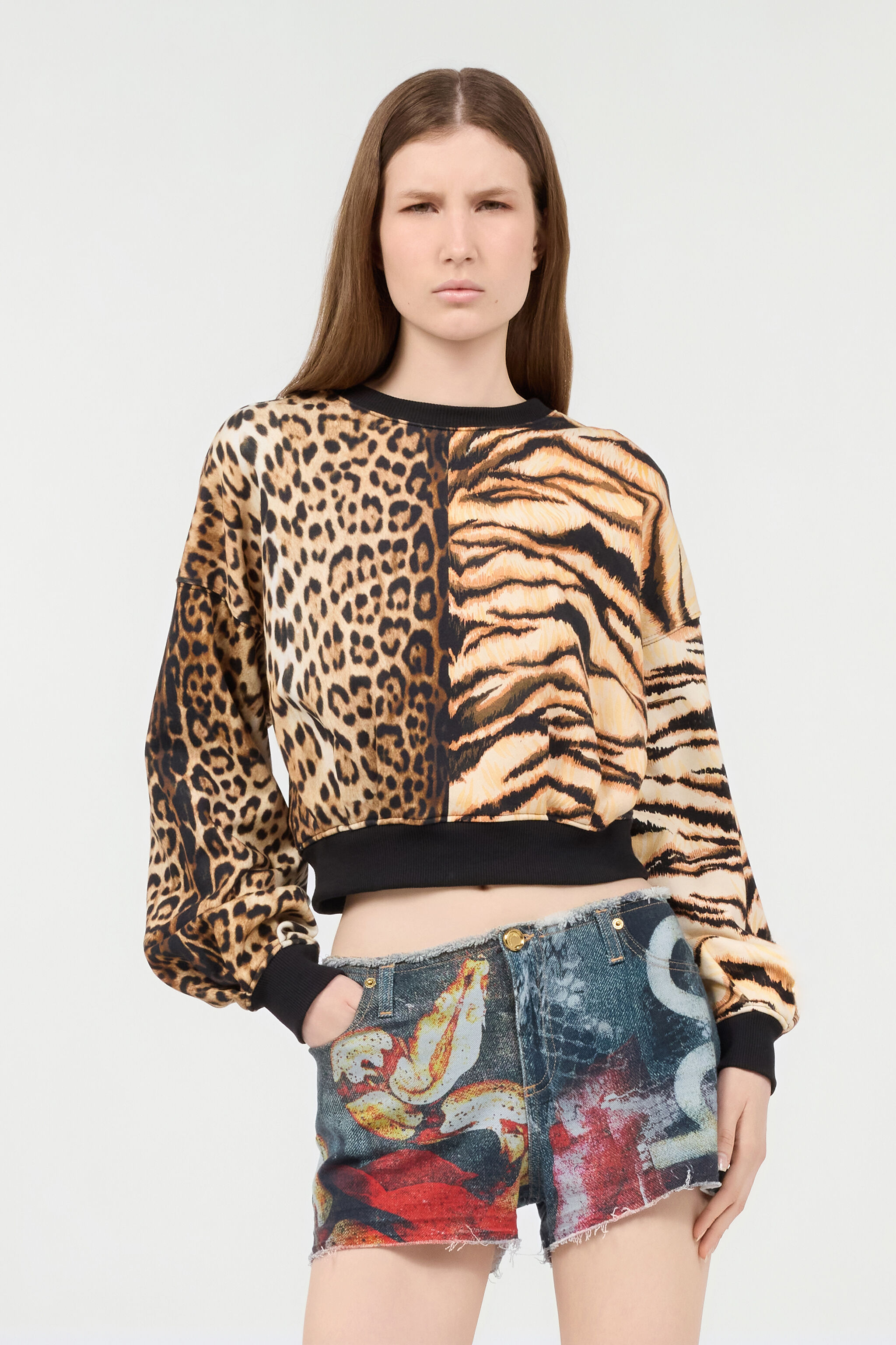 RC Animalier Patchwork-Print Cotton Sweatshirt Light Brown RKT64C-2OH82