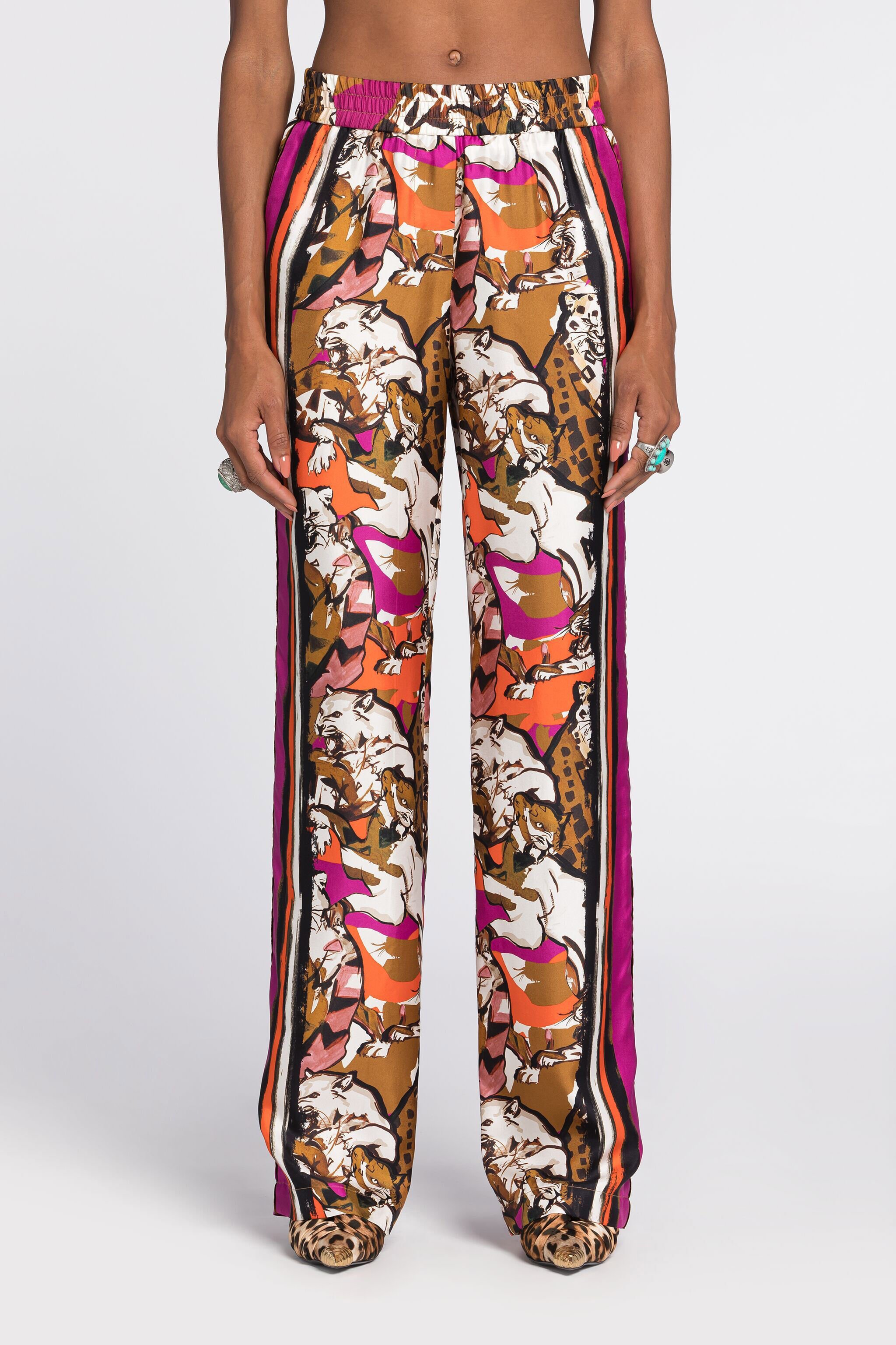 RC Wild Cat-Print Silk Trousers Purple RKT210-4QH06
