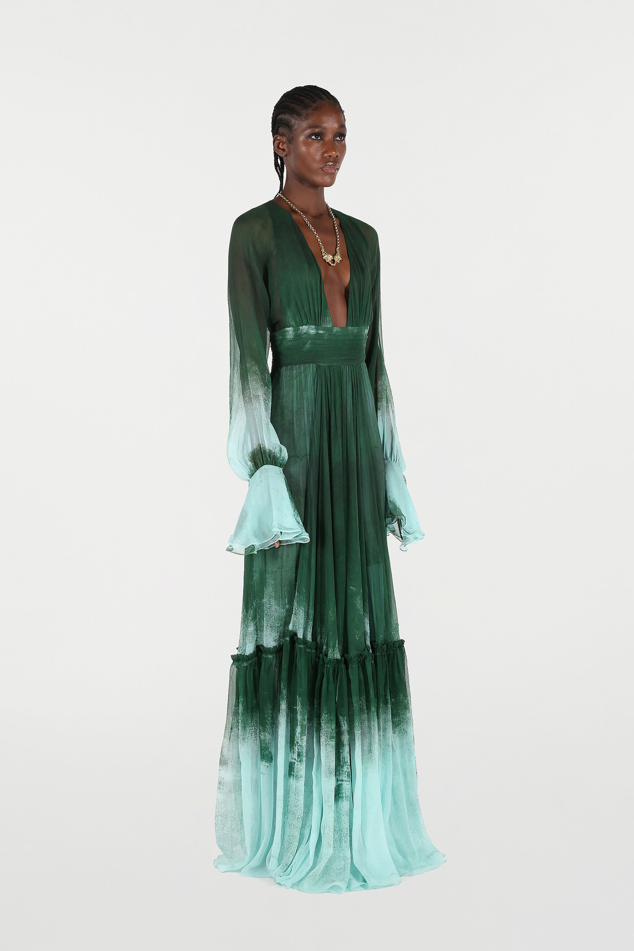RC Empire Style Long Dress in Pure Silk VERDE/PISCINA VKT152-CKP69