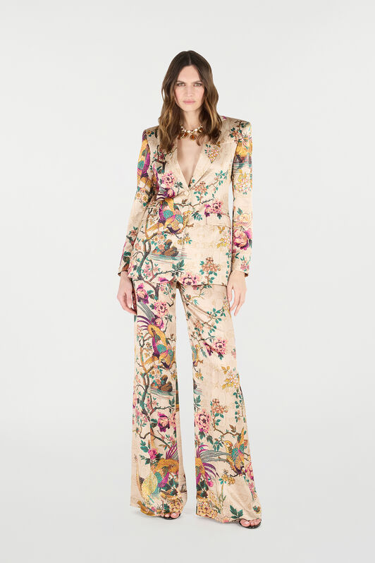 RC Palazzo Pants with Floral and Pheasant Print Ivory/Pink VKT201-TYP76