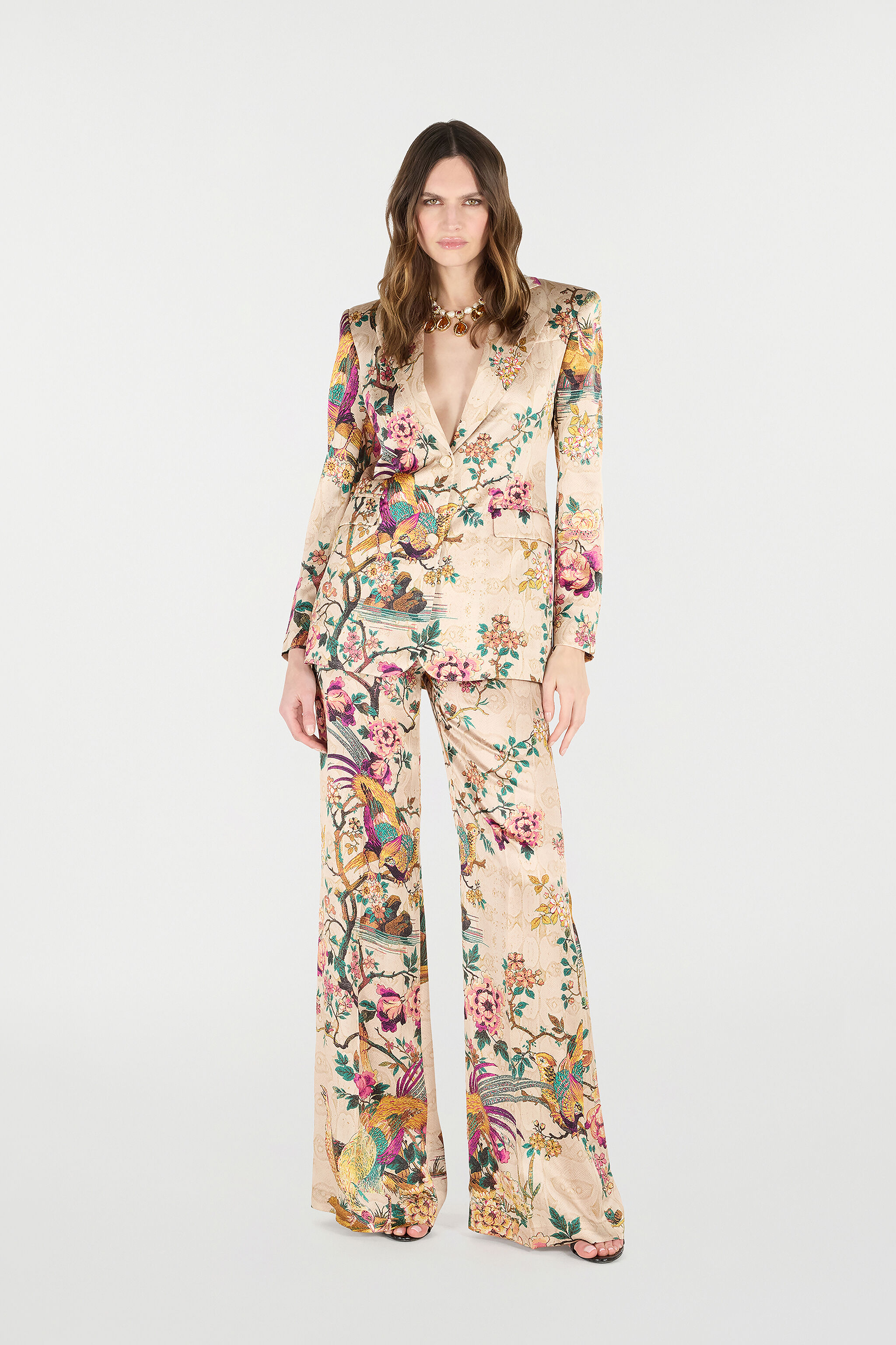 RC Palazzo Pants with Floral and Pheasant Print Ivory/Pink VKT201-TYP76