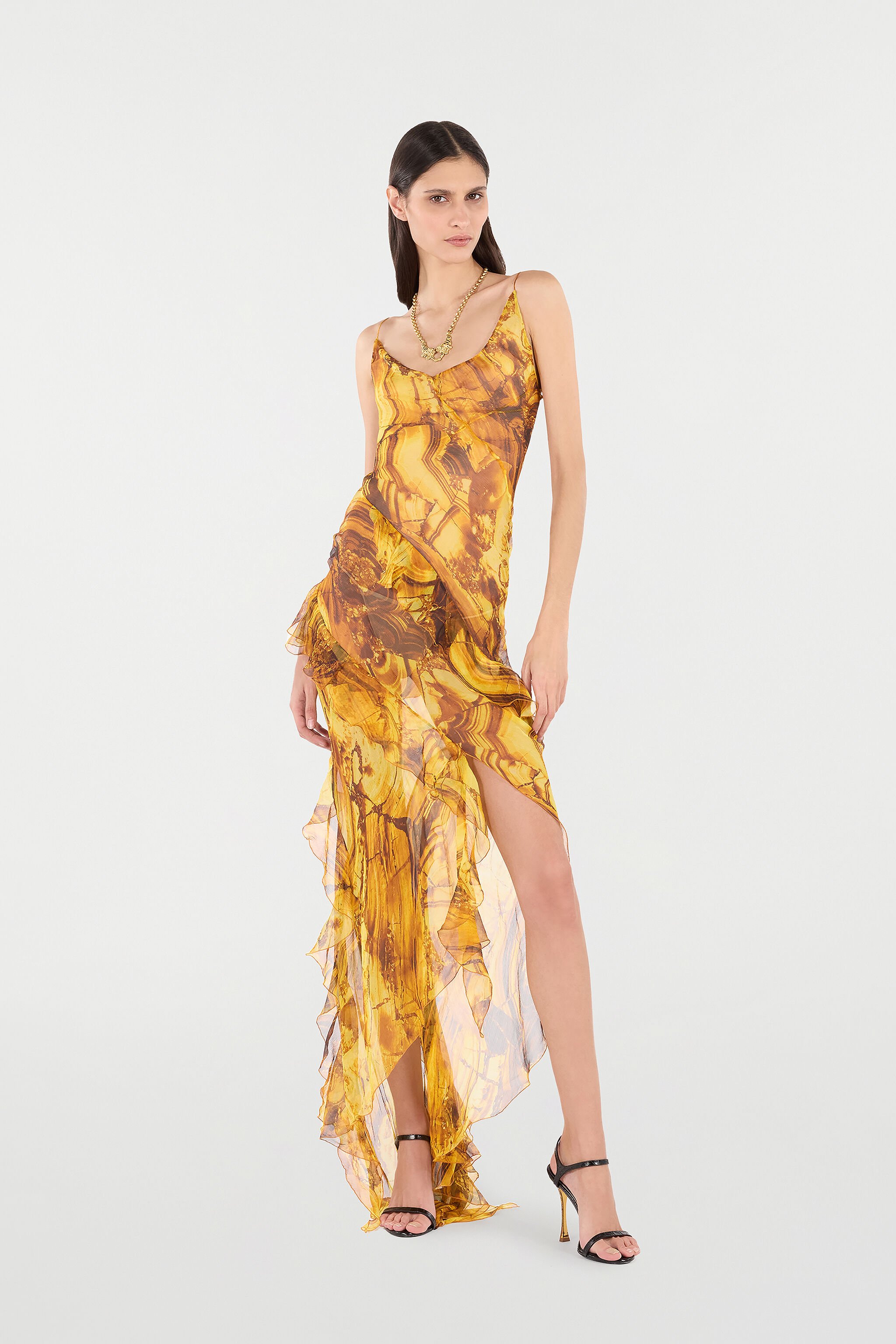 RC Asymmetric Silk Dress with Amber Print Yellow VKT139-CKP74