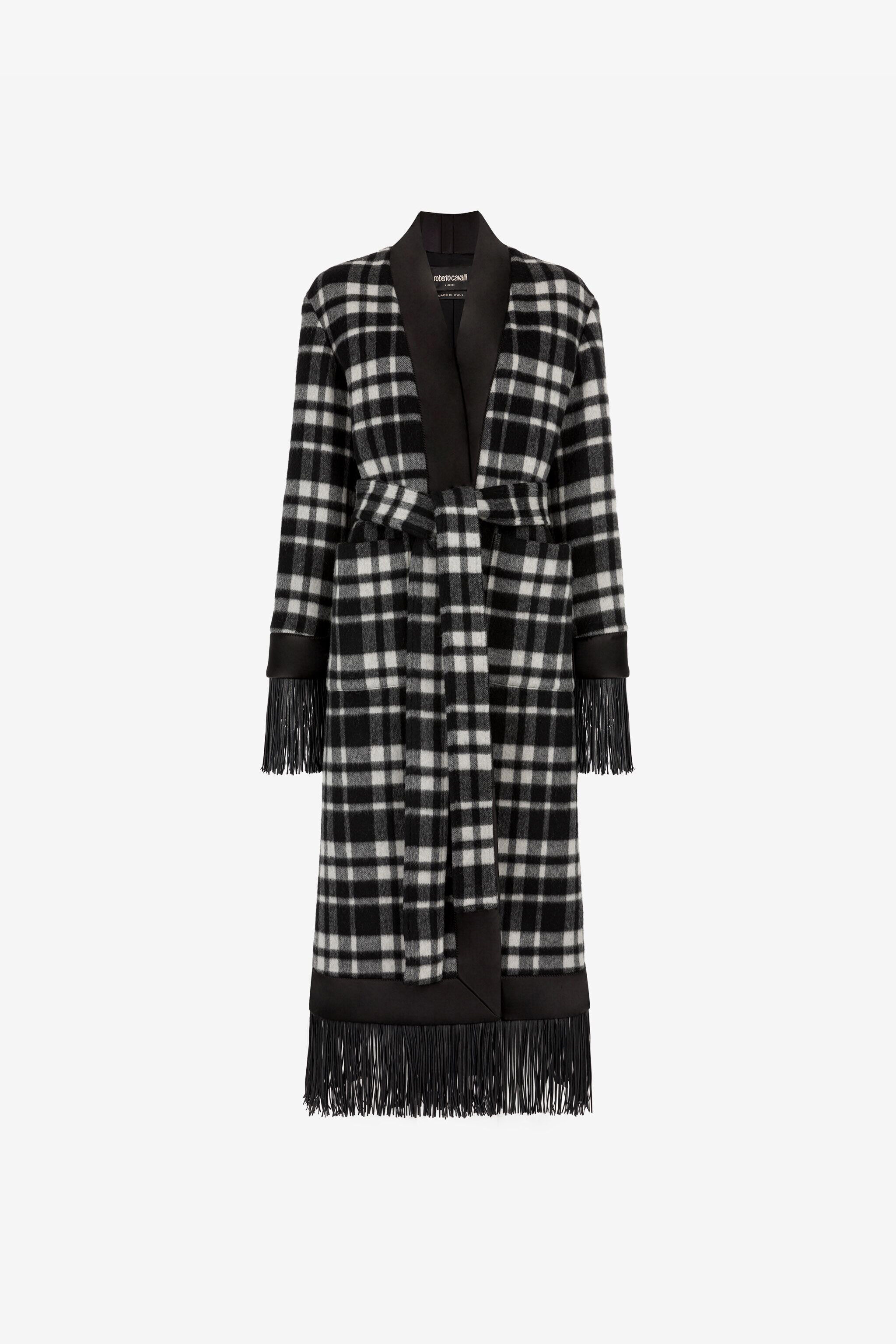 Fringe Trimmed Plaid Wrap Coat in Black White for Women Roberto Cavalli