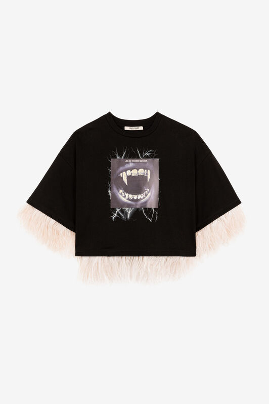 RC Feather-Trimmed Teeth-Print Cotton Crop Top Black NQT63B-JD070